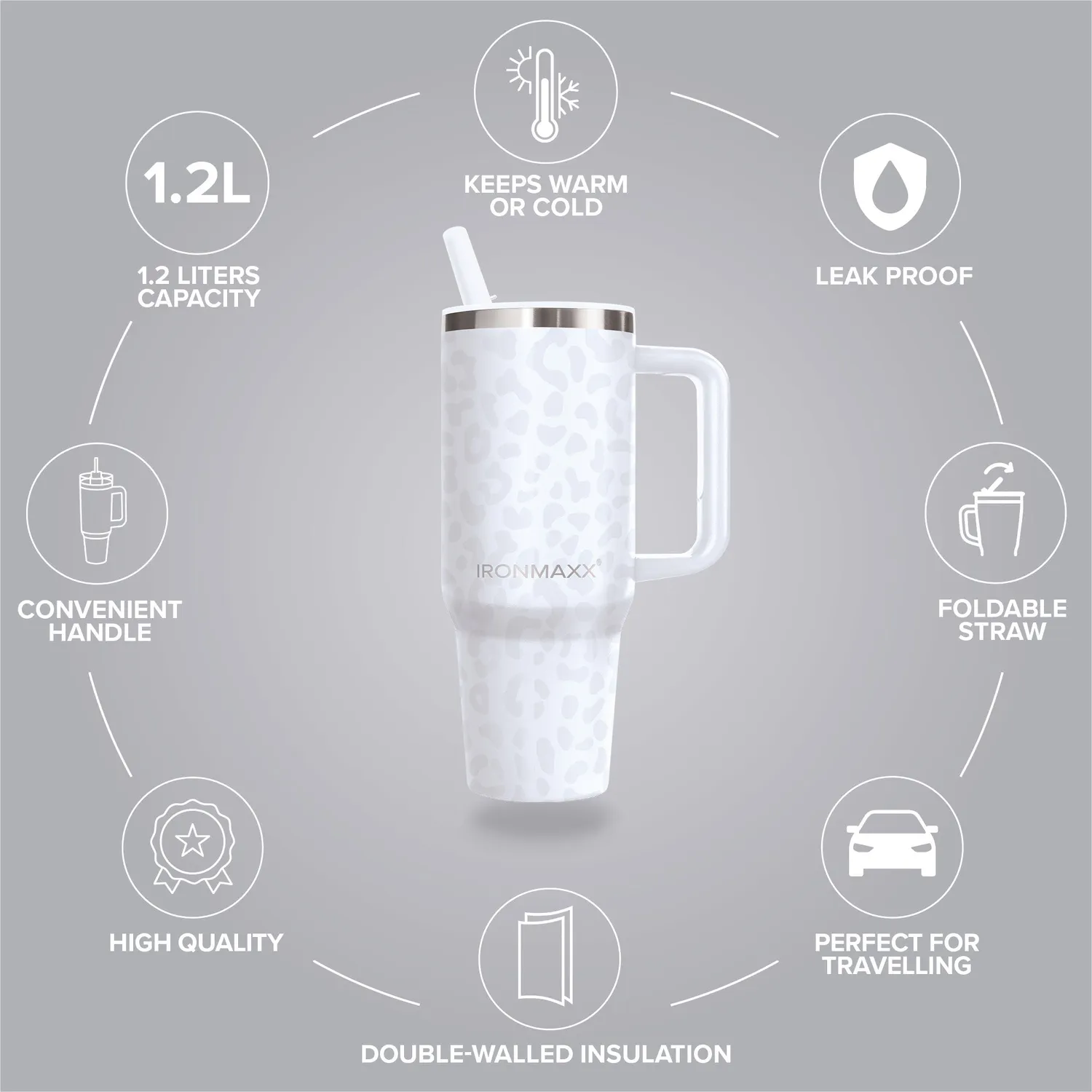 IronMaxx Cup V4.0 Trinkbecher 1200ml Leo-Style White isoliert