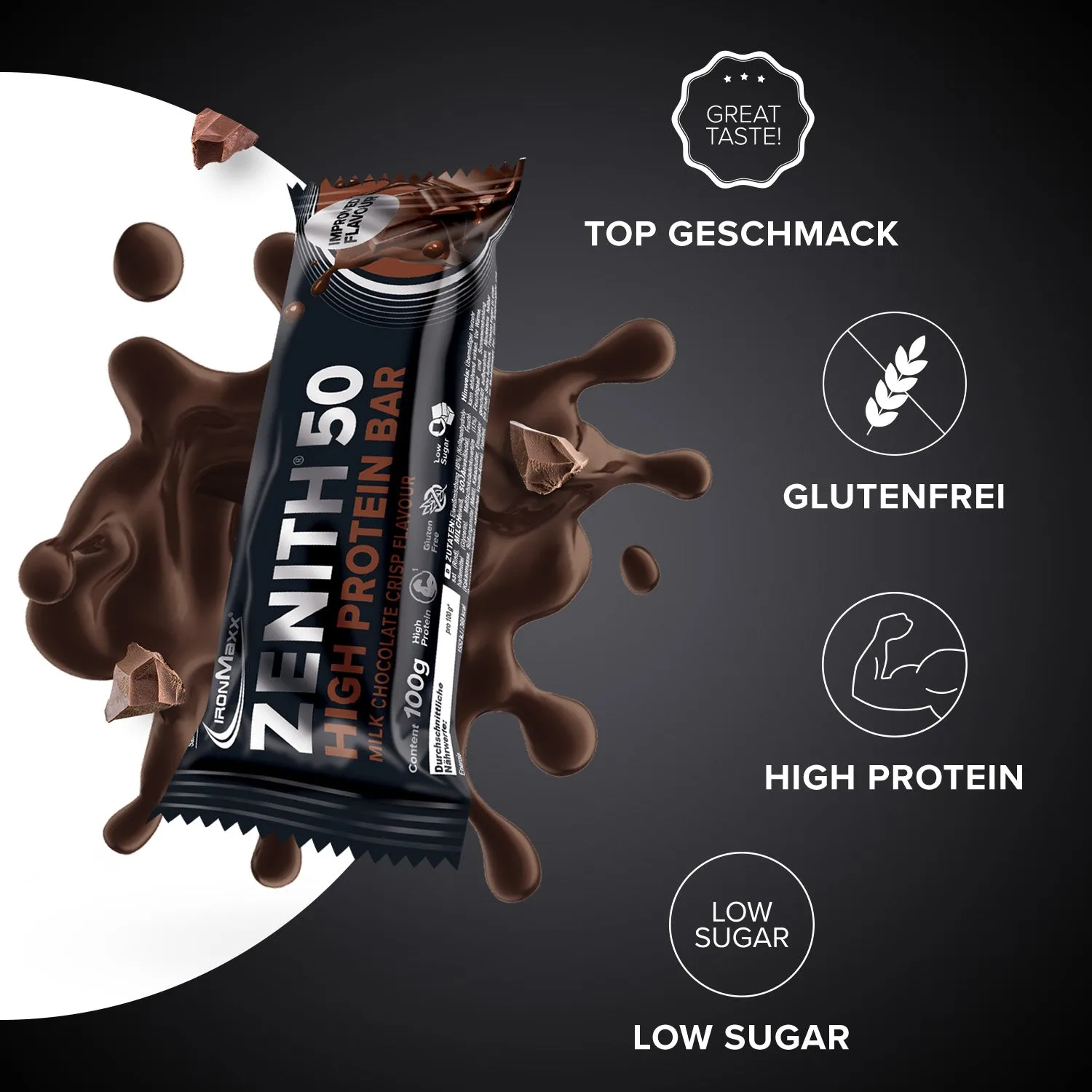 Iron Maxx ZENITH 50 Protein Riegel 12 x 100 g Brownie Chocolate Crisp
