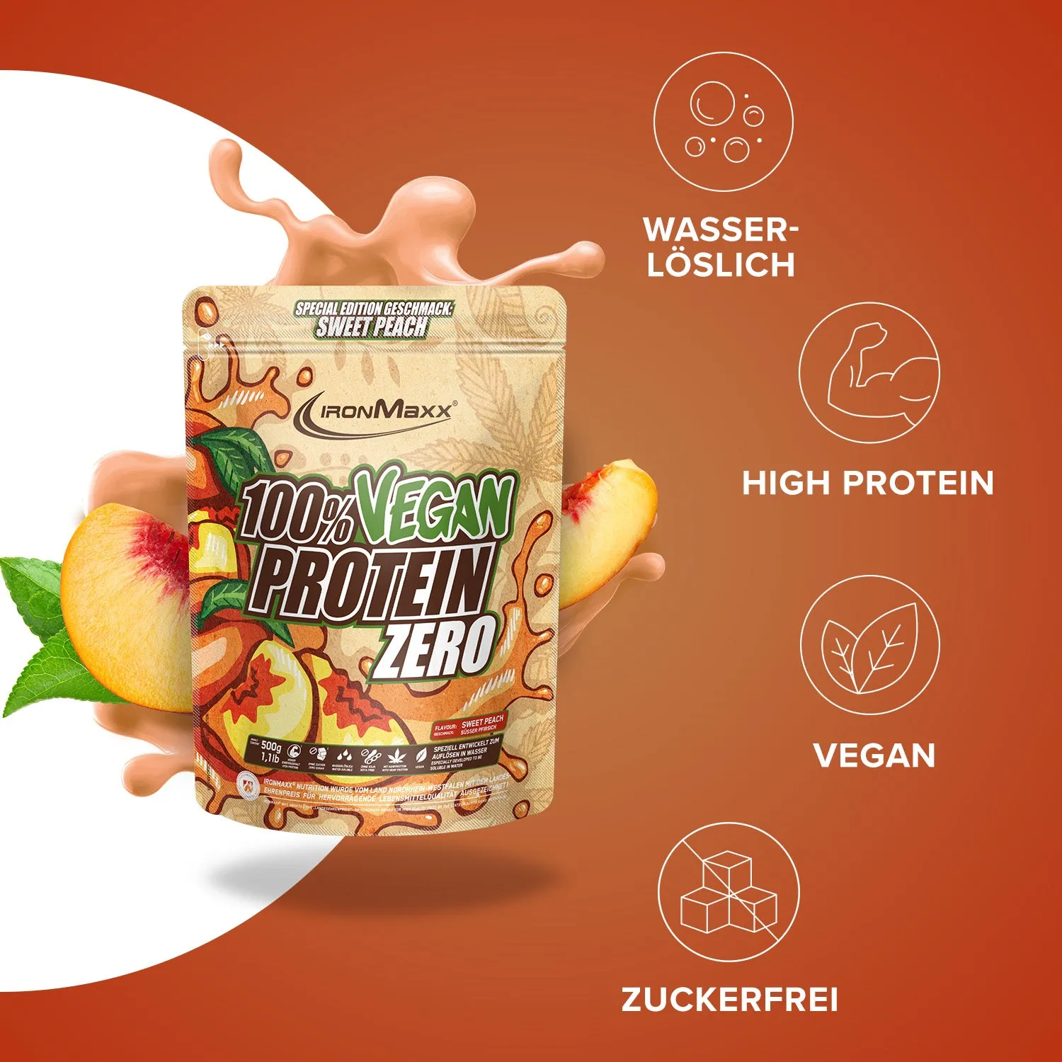 Iron Maxx 100% Vegan Protein Zero Proteinpulver 500g Sweet Peach zuckerfrei