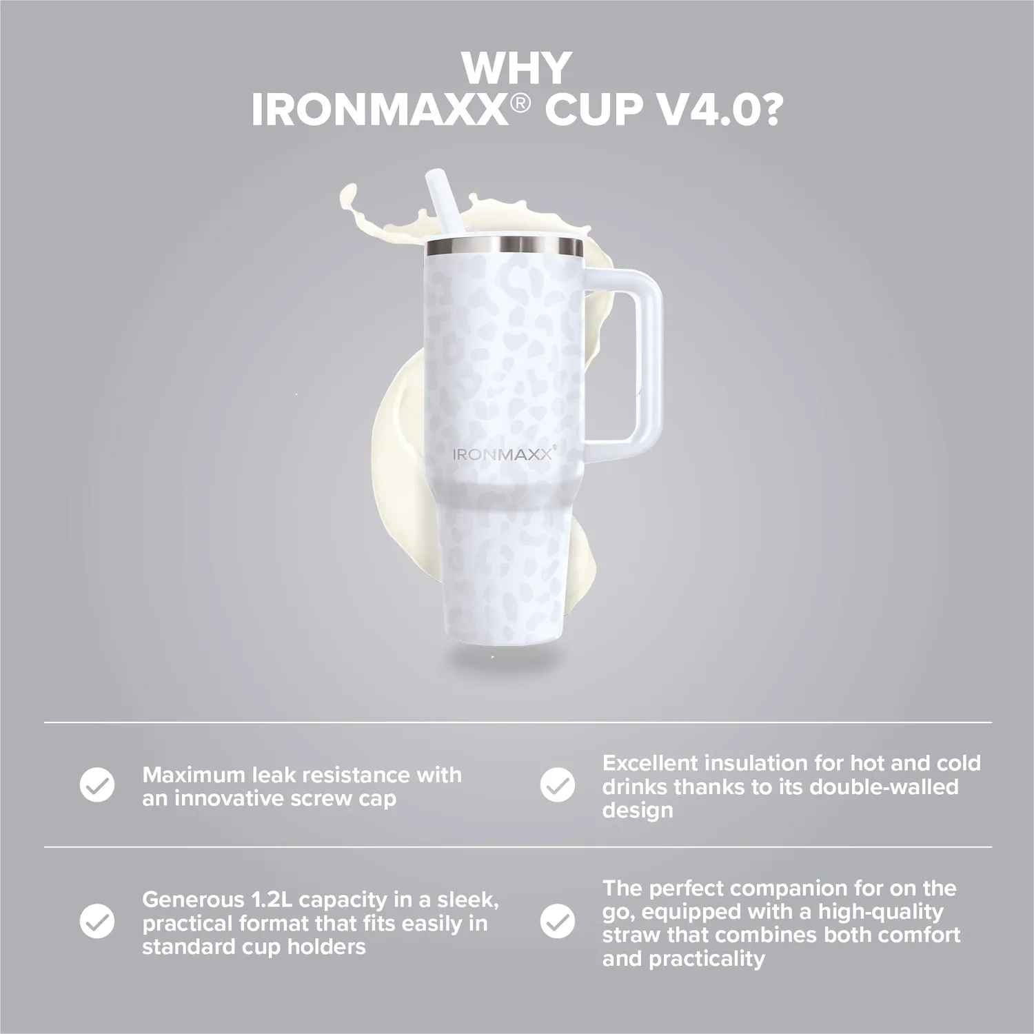 IronMaxx Cup V4.0 Trinkbecher 1200ml Leo-Style White isoliert