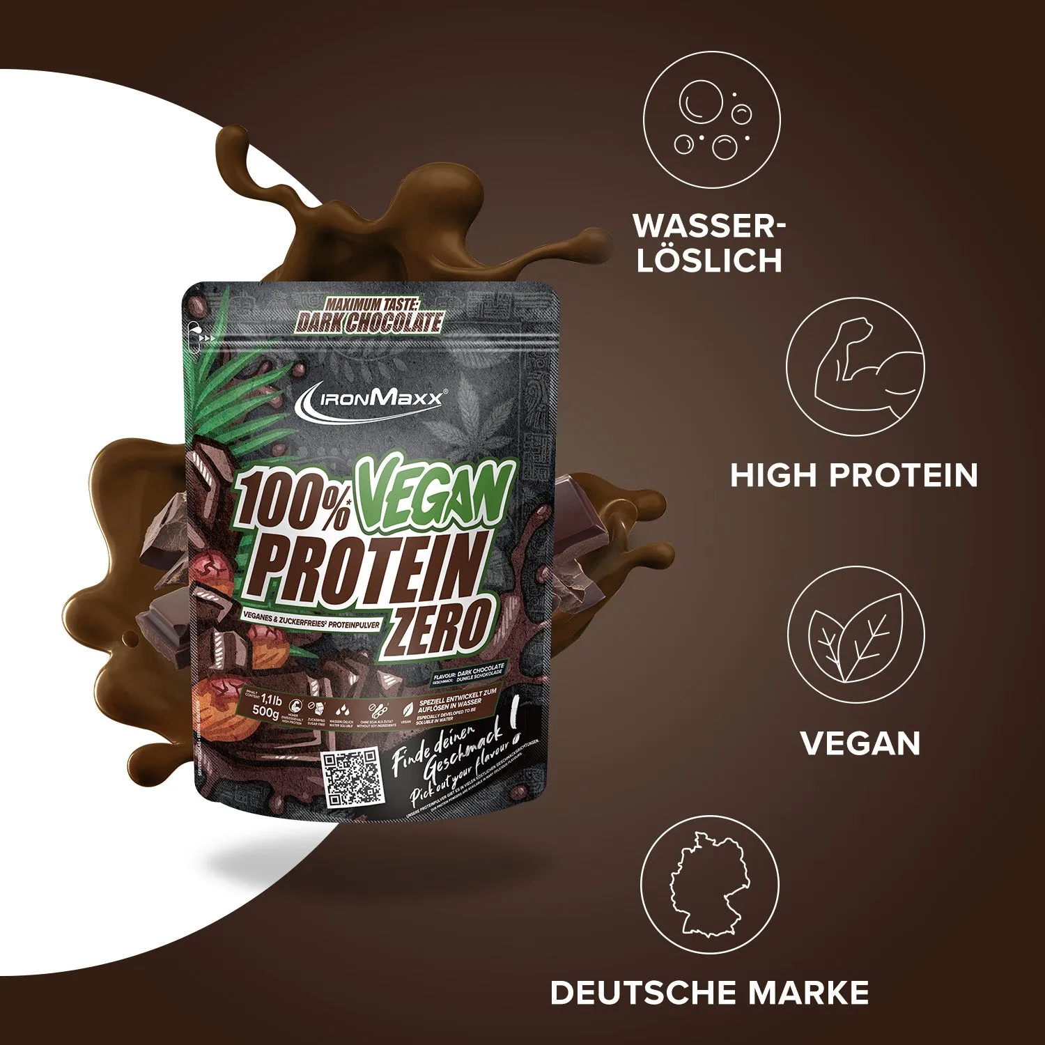 Iron Maxx 100% Vegan Protein Zero Pulver Dark Chocolate 500 g zuckerfrei