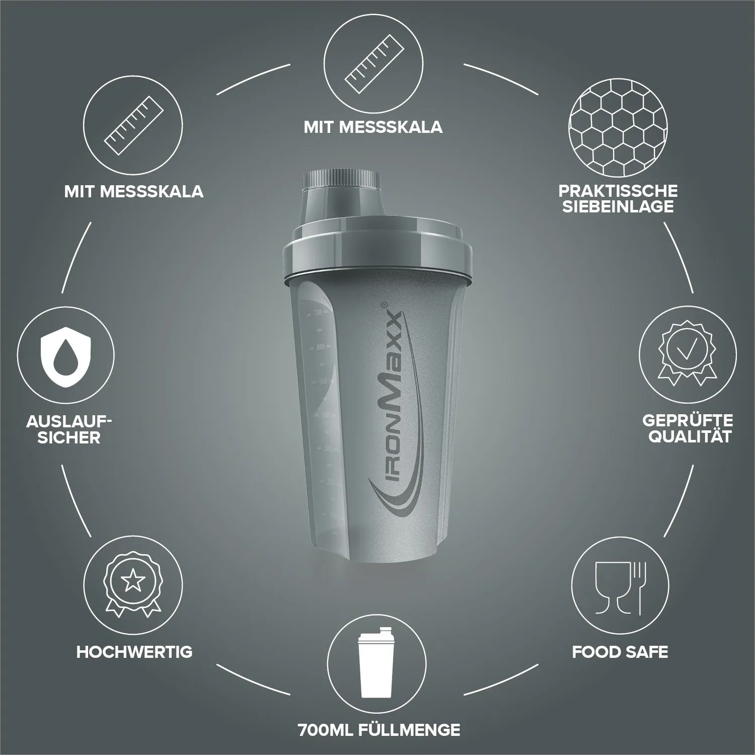 Iron Maxx Shaker 700ml Proteinshaker Ash Grey BPA-frei