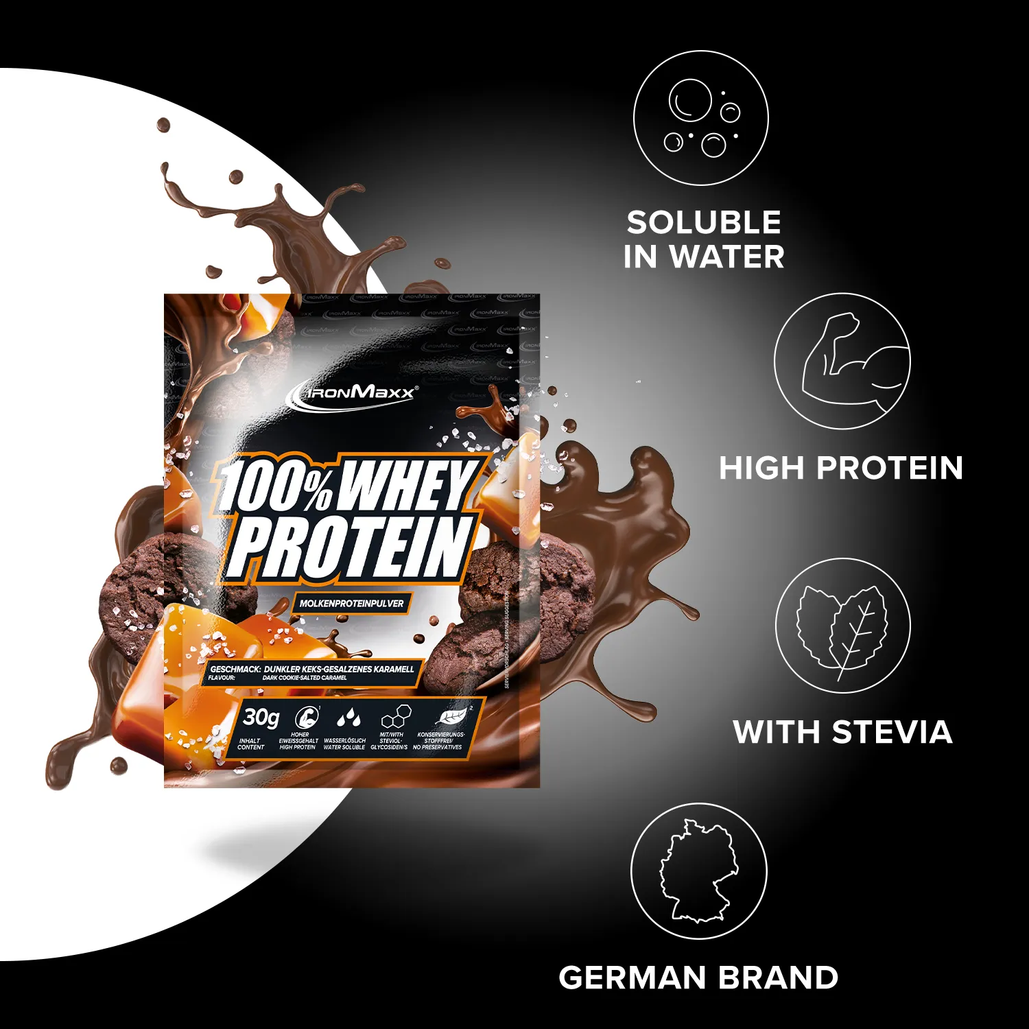 Iron Maxx 100% Whey Protein Pulver Dark Cookies Salted Caramel 30 g zuckerfrei