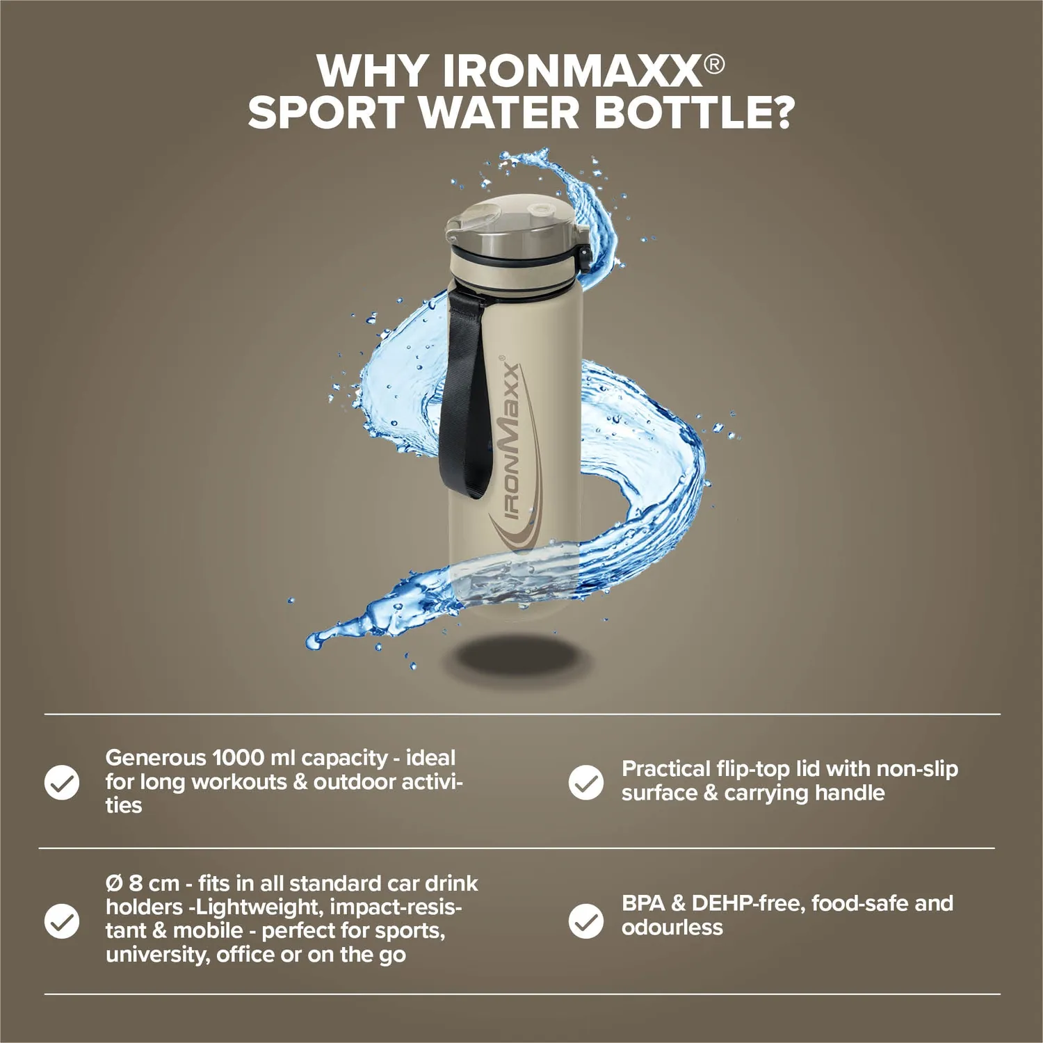 Iron Maxx Sport Water Bottle Trinkflasche 1000ml Sandstone Beige BPA-frei