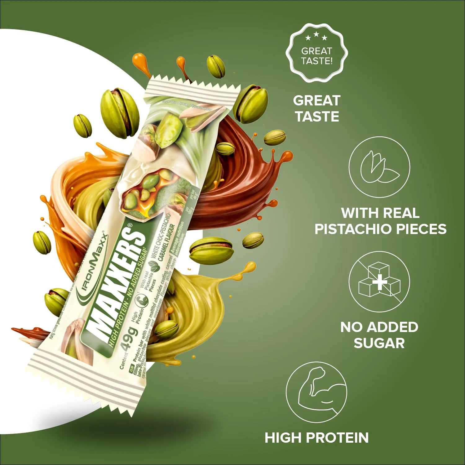 IronMaxx Maxxers Proteinriegel 49 g White Choc Pistachio Caramel ohne Zuckerzusatz