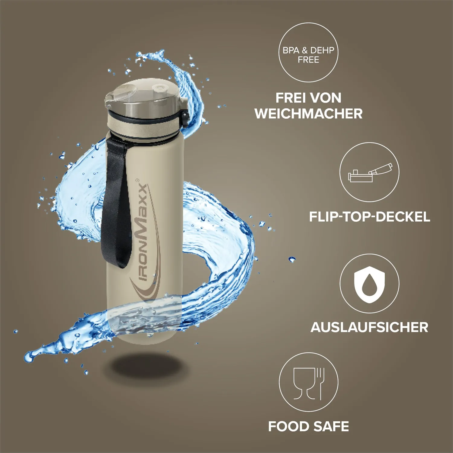 Iron Maxx Sport Water Bottle Trinkflasche 1000ml Sandstone Beige BPA-frei