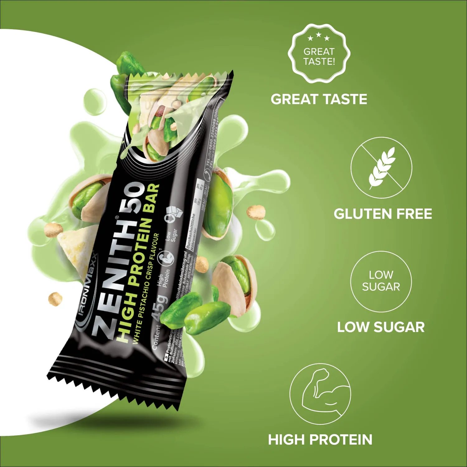 Iron Maxx ZENITH 50 Proteinriegel White Pistachio Crisp 45 g 23 g Protein