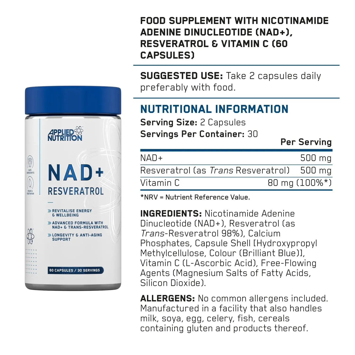Applied Nutrition NAD+ Resveratrol 60 Kapseln Zellenergie Vitamin C