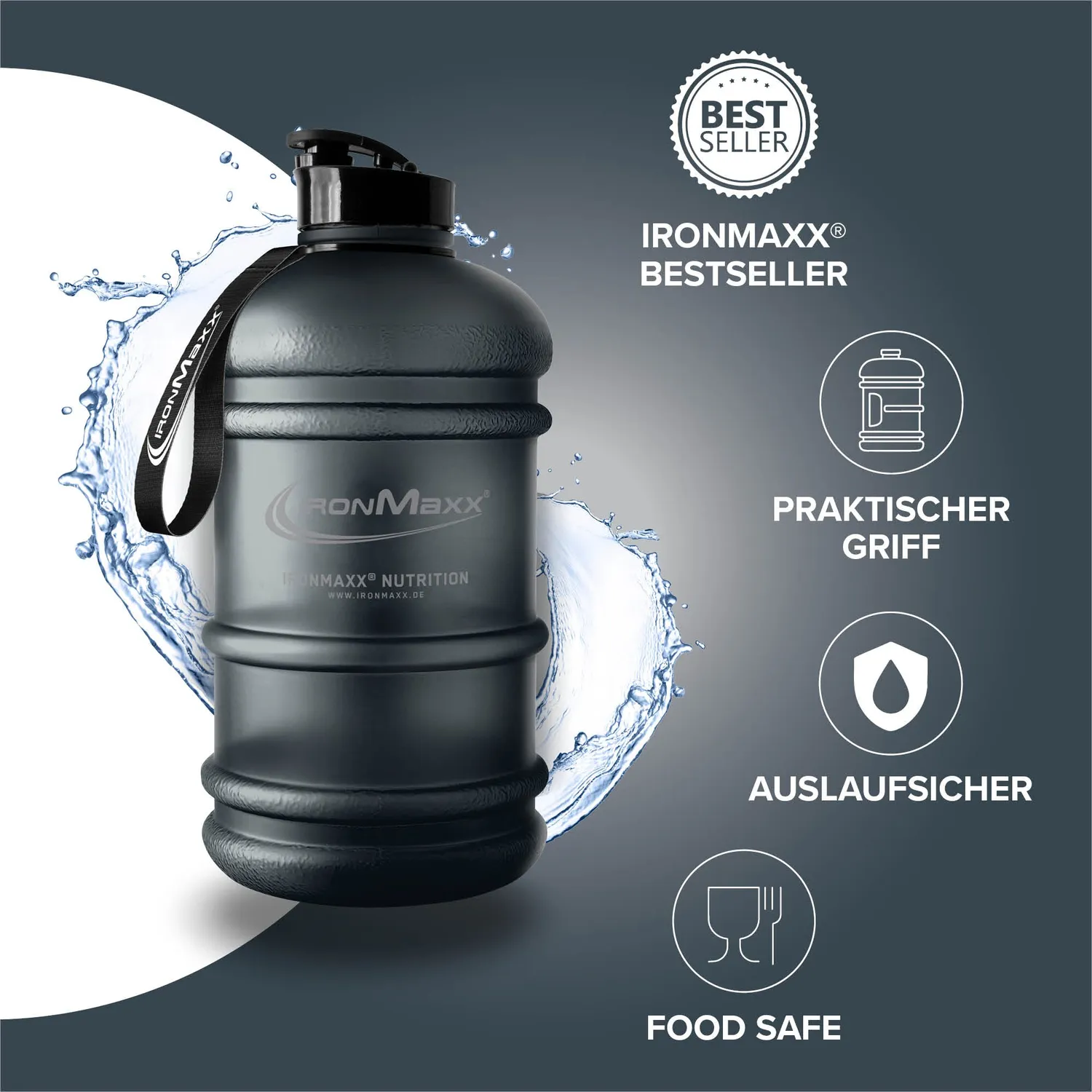 Iron Maxx Water Gallon 2200 ml Trinkflasche Matt Transparent Frosted Deep Black
