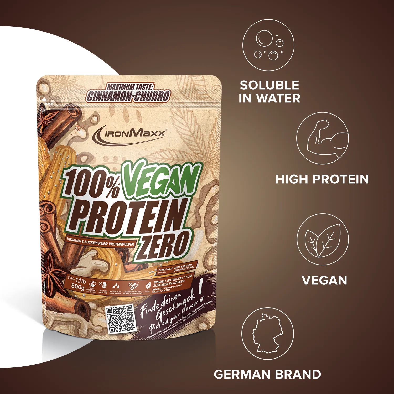 Iron Maxx 100% Vegan Protein Zero Proteinpulver Cinnamon Churro 500 g zuckerfrei