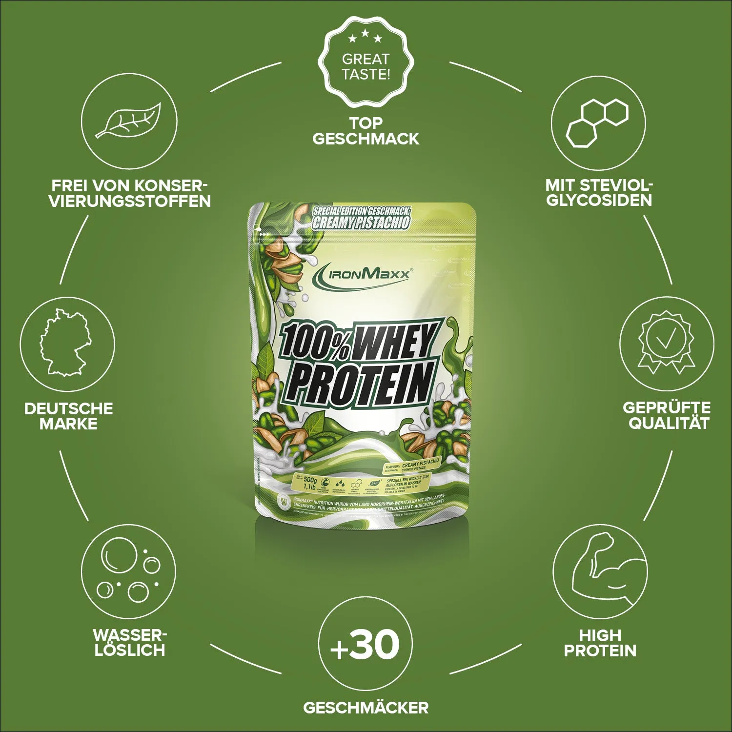 Iron Maxx 100% Whey Protein Creamy Pistazie Pulver 500g zuckerfrei