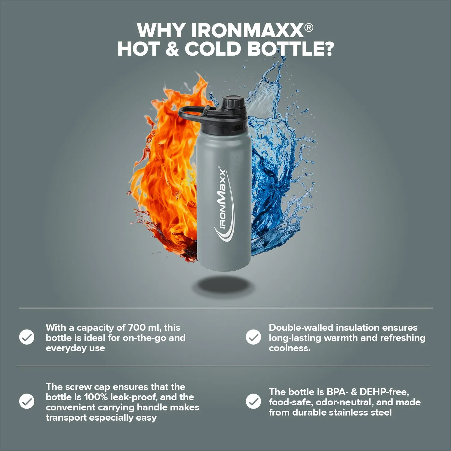 Iron Maxx Hot & Cold Bottle Thermosflasche 800ml Ash Grey