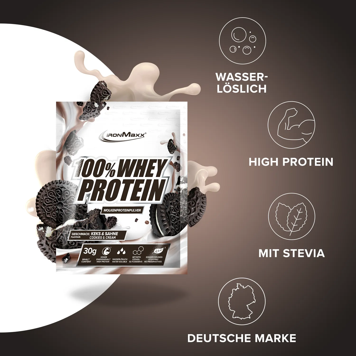 Iron Maxx 100% Whey Protein Pulver Cookies & Cream 30g zuckerfrei