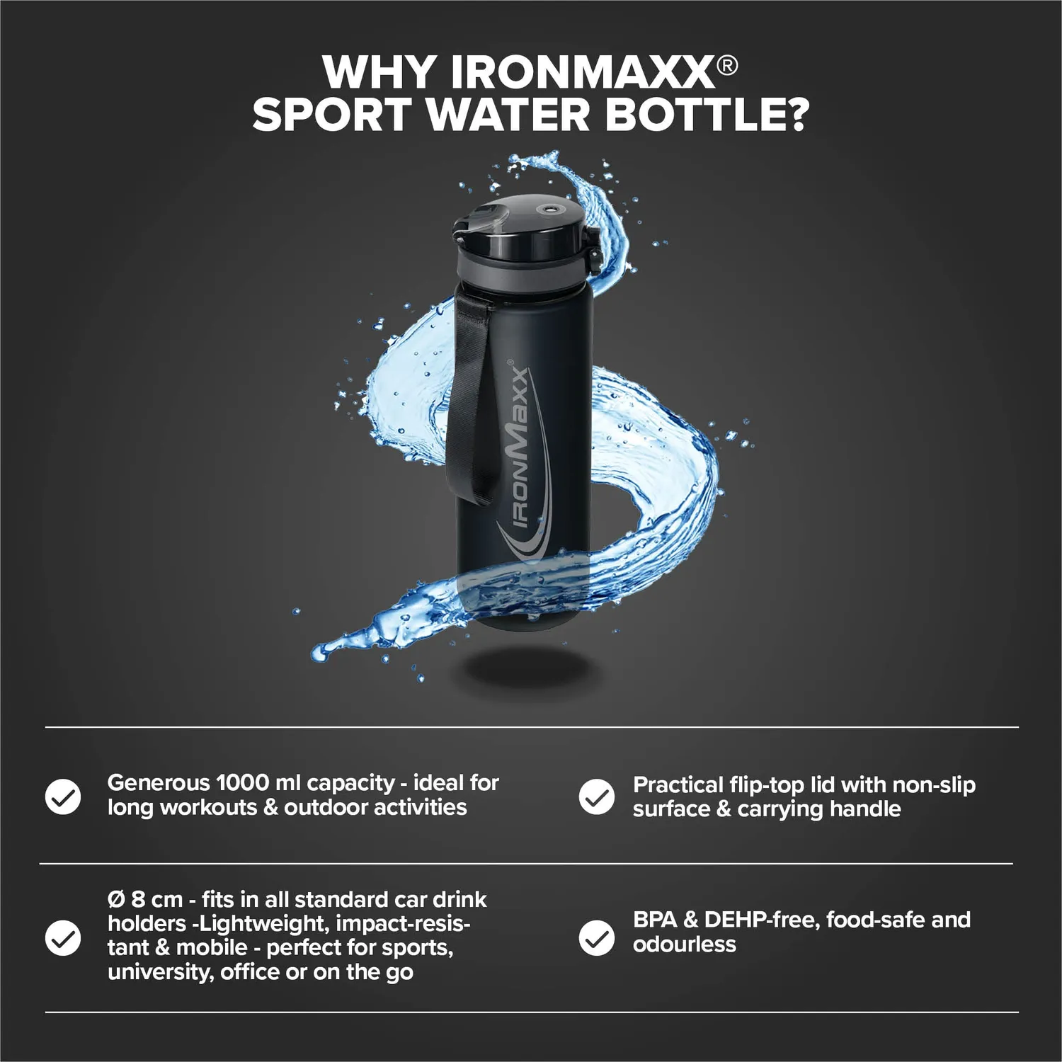 Iron Maxx Sport Water Bottle Trinkflasche 1000ml Deep Black BPA-frei