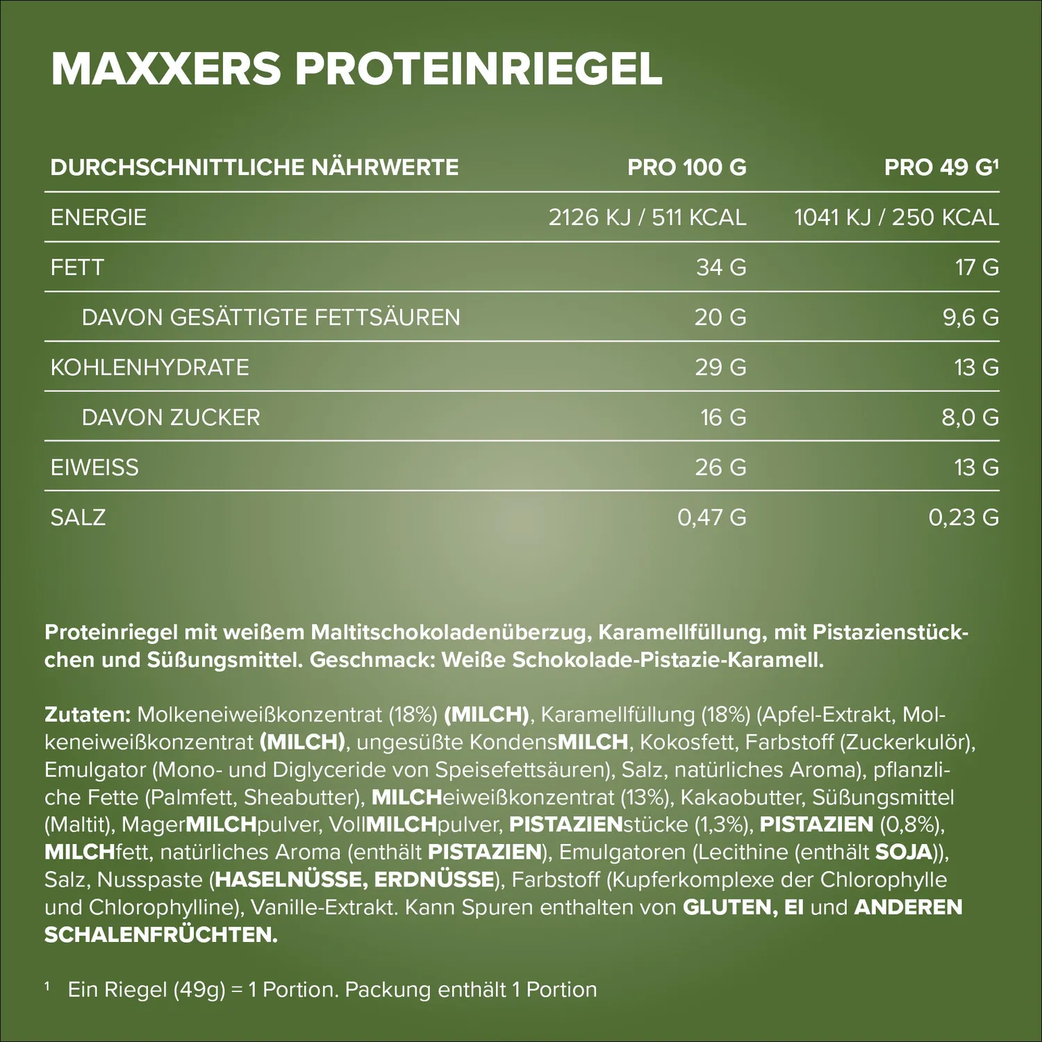 Iron Maxx Maxxers White Choc Pistachio Riegel 24x49g zuckerfrei