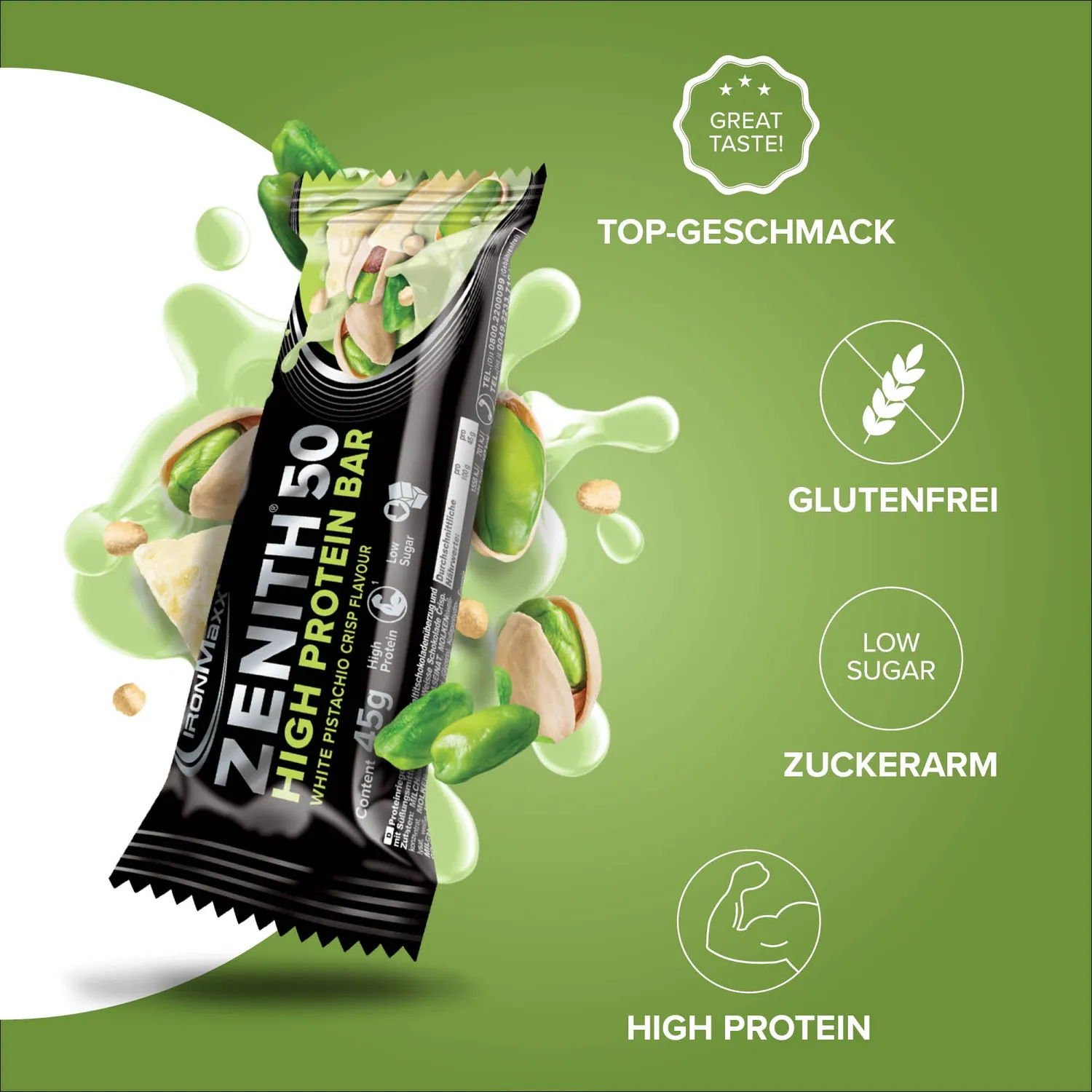Iron Maxx ZENITH 50 Proteinriegel White Pistachio Crisp 45 g 23 g Protein