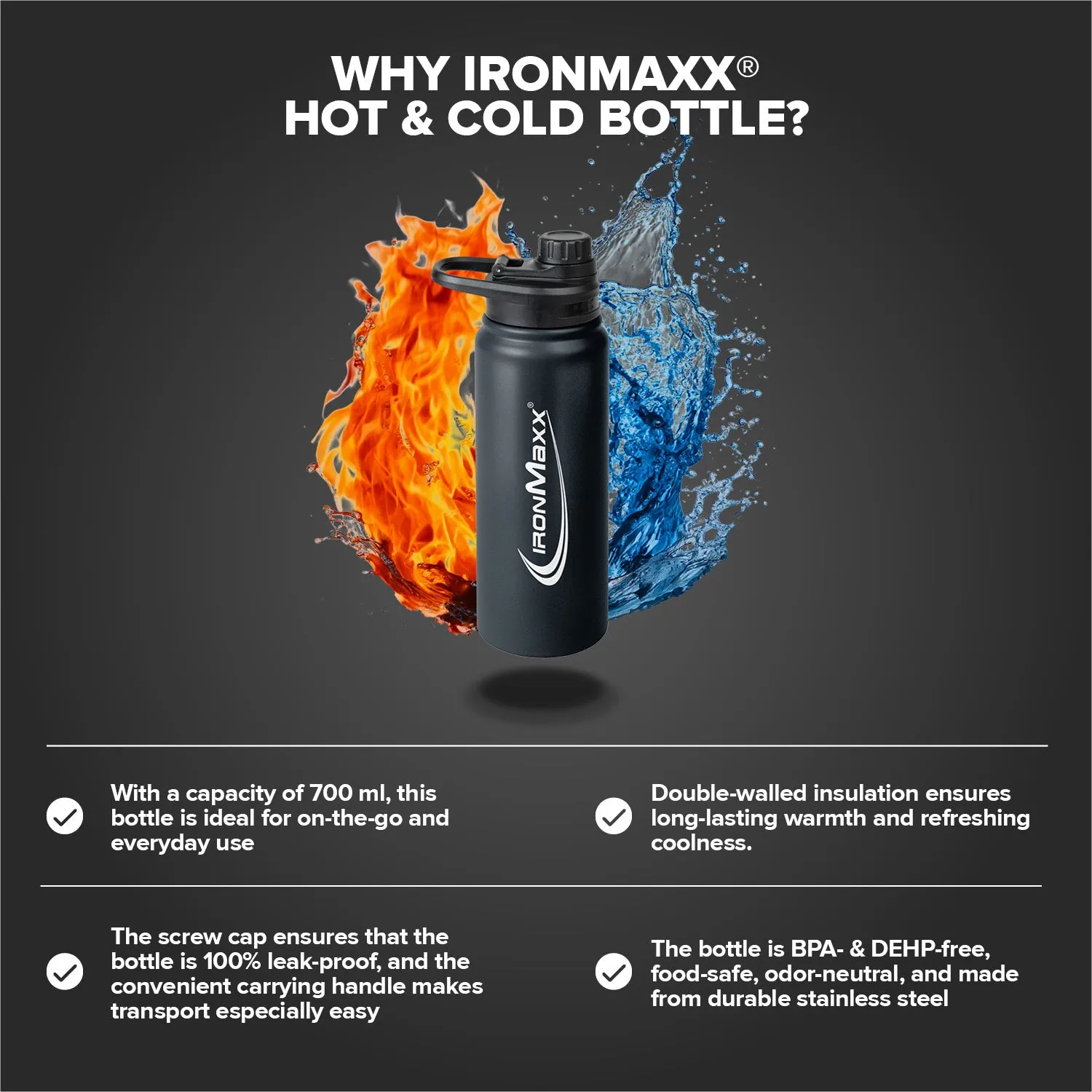 Iron Maxx Hot & Cold Bottle Trinkflasche 800ml Deep Black