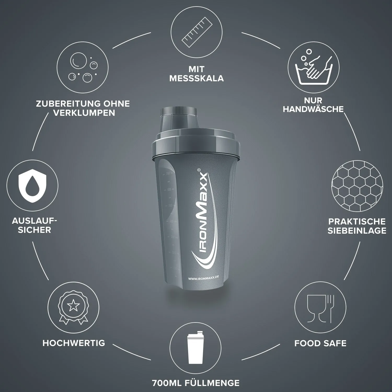 Iron Maxx Shaker 700 ml Protein Shaker Anthrazit Matt BPA-frei