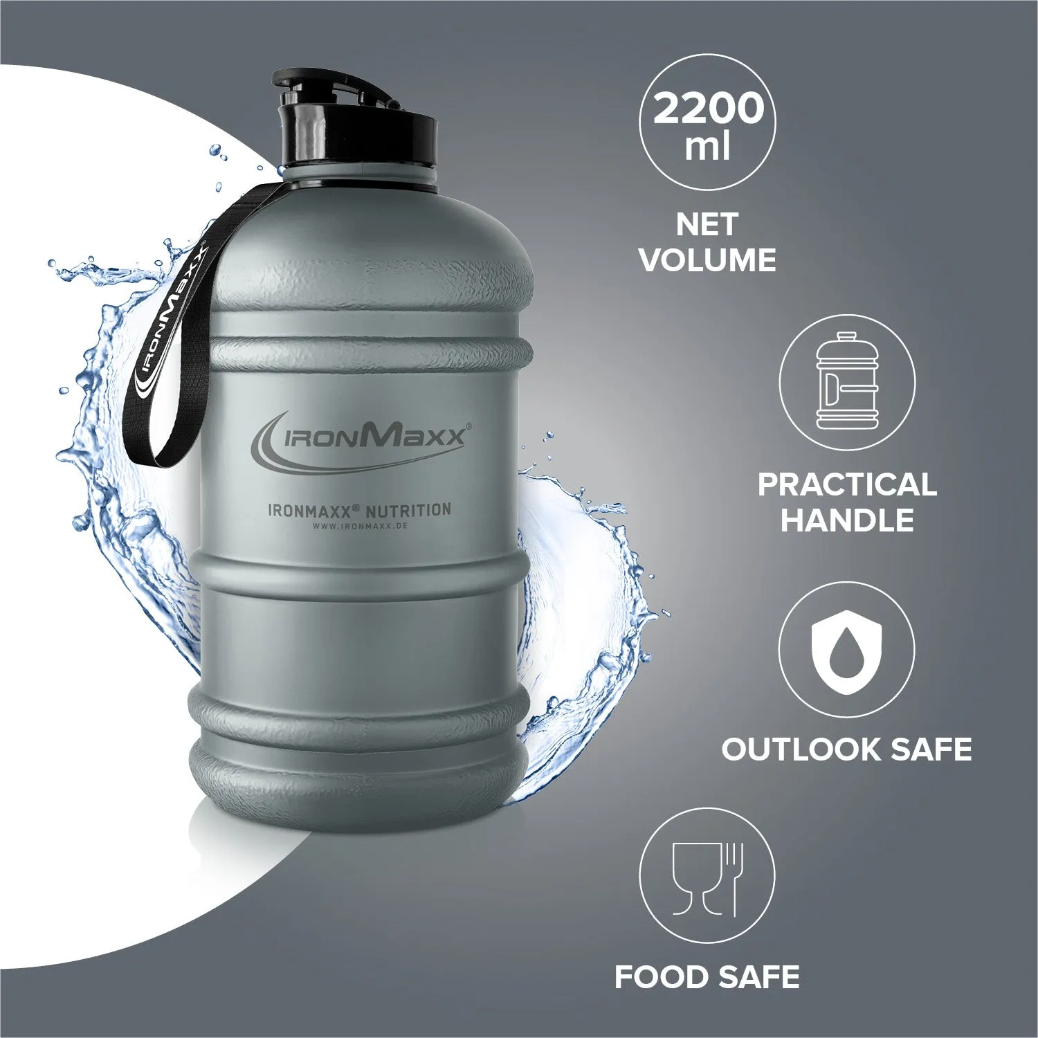 Iron Maxx Water Gallon Matt Transparent Frosted Ash Grey Trinkflasche 2200ml