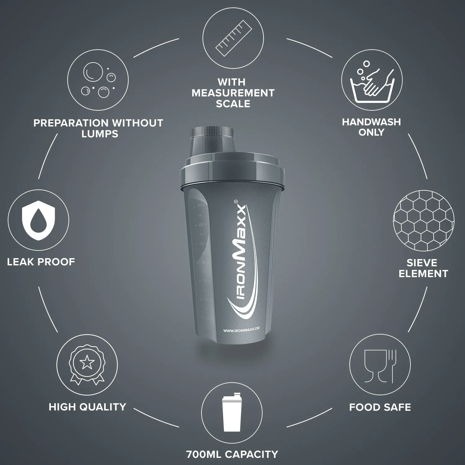 Iron Maxx Shaker 700 ml Protein Shaker Anthrazit Matt BPA-frei
