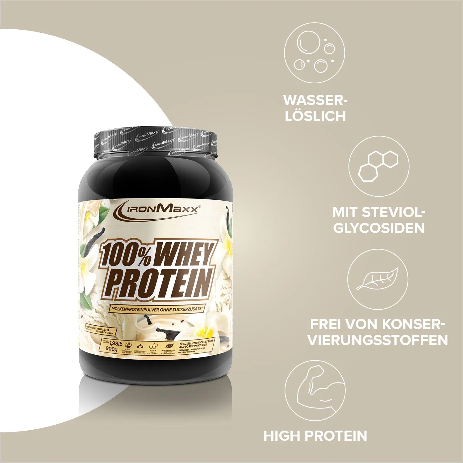 IronMaxx 100% Whey Protein Pulver 900g Vanilla Ice Cream zuckerfrei