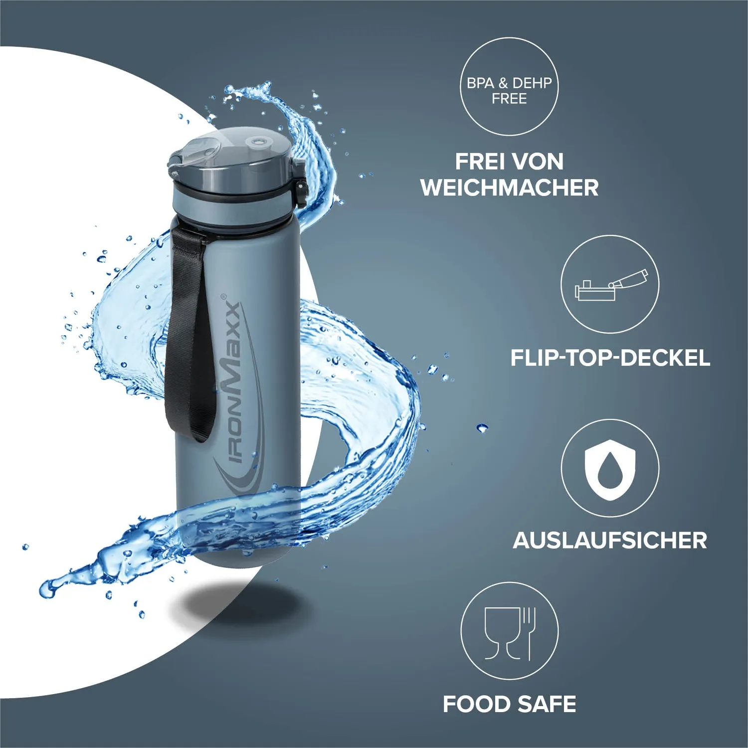 Iron Maxx Sport Water Bottle Trinkflasche 1000ml Blau BPA-frei