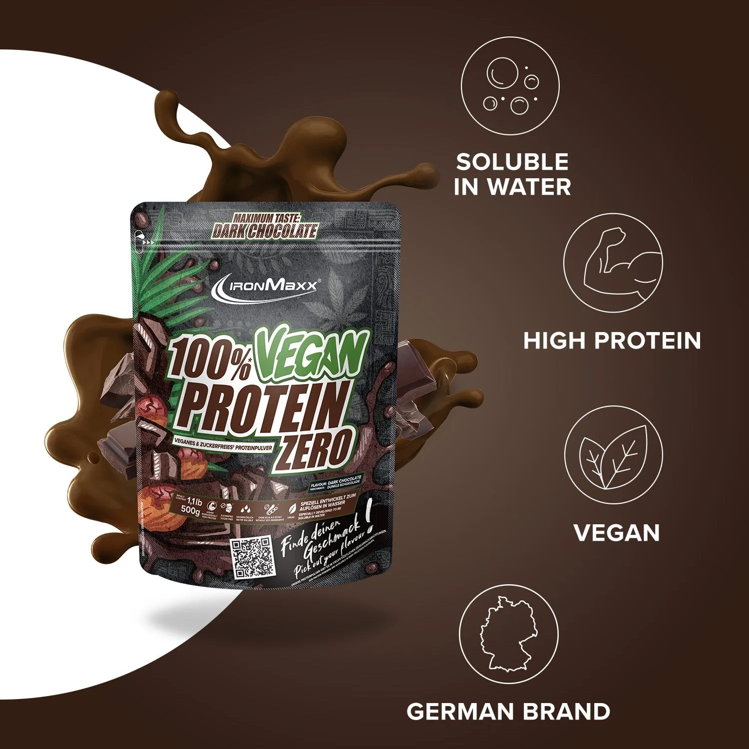 Iron Maxx 100% Vegan Protein Zero Pulver Dark Chocolate 500 g zuckerfrei
