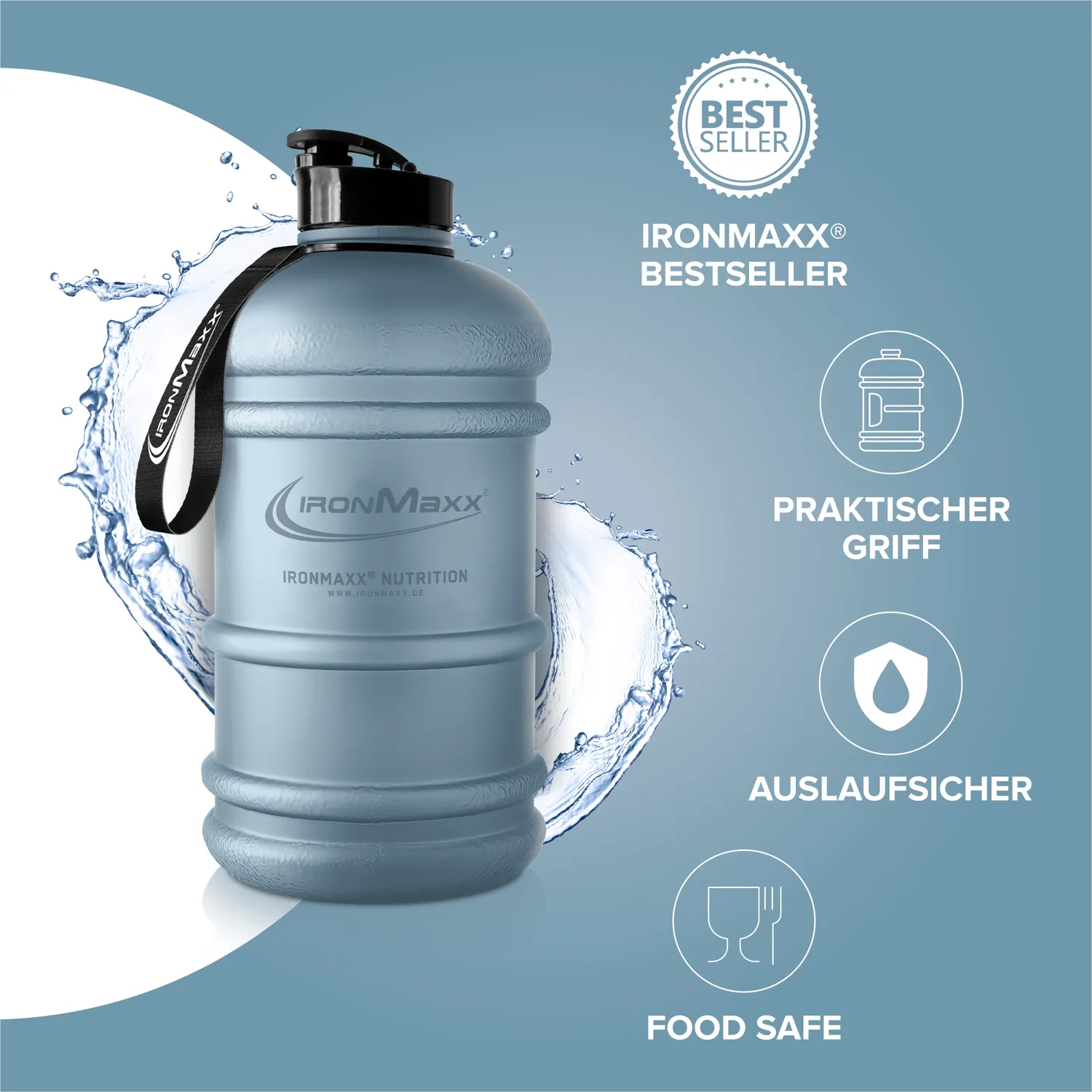 Iron Maxx Water Gallon Trinkflasche 2200ml Matt Kyanite Blue