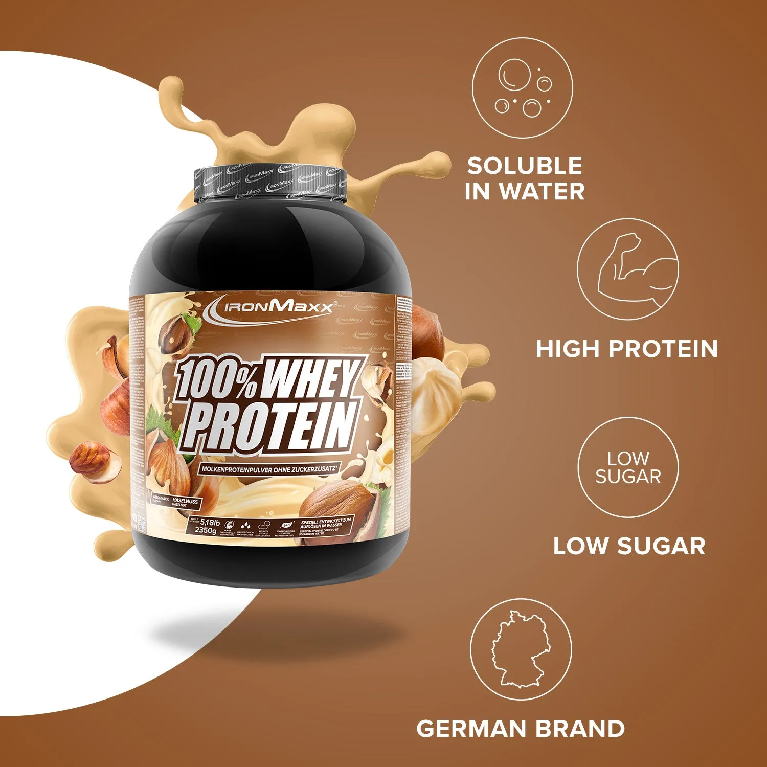 Iron Maxx 100% Whey Protein Proteinpulver Haselnuss 2350 g zuckerfrei