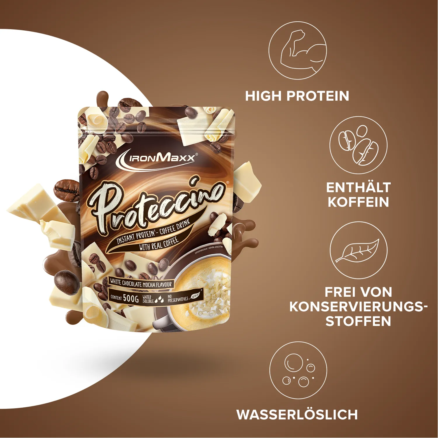 Iron Maxx Proteccino Protein-Kaffee 500g White Chocolate Mocha koffeinhaltig