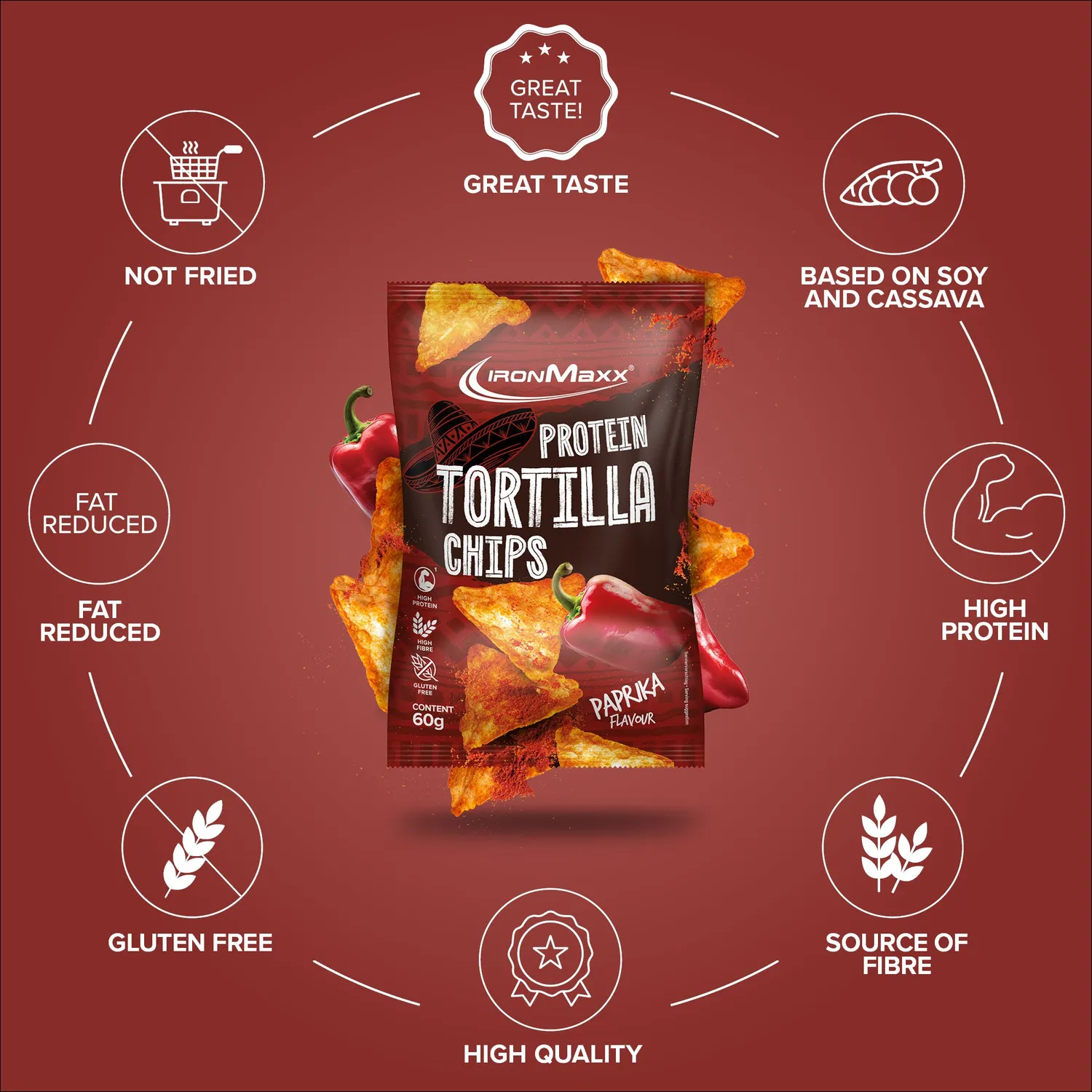 Iron Maxx Protein Tortilla Chips 2.0 60 g Paprika vegan gebacken