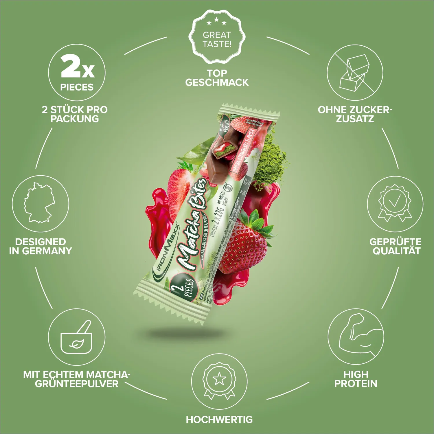 Iron Maxx Matcha Bites Matcha-Strawberry Riegel 46g