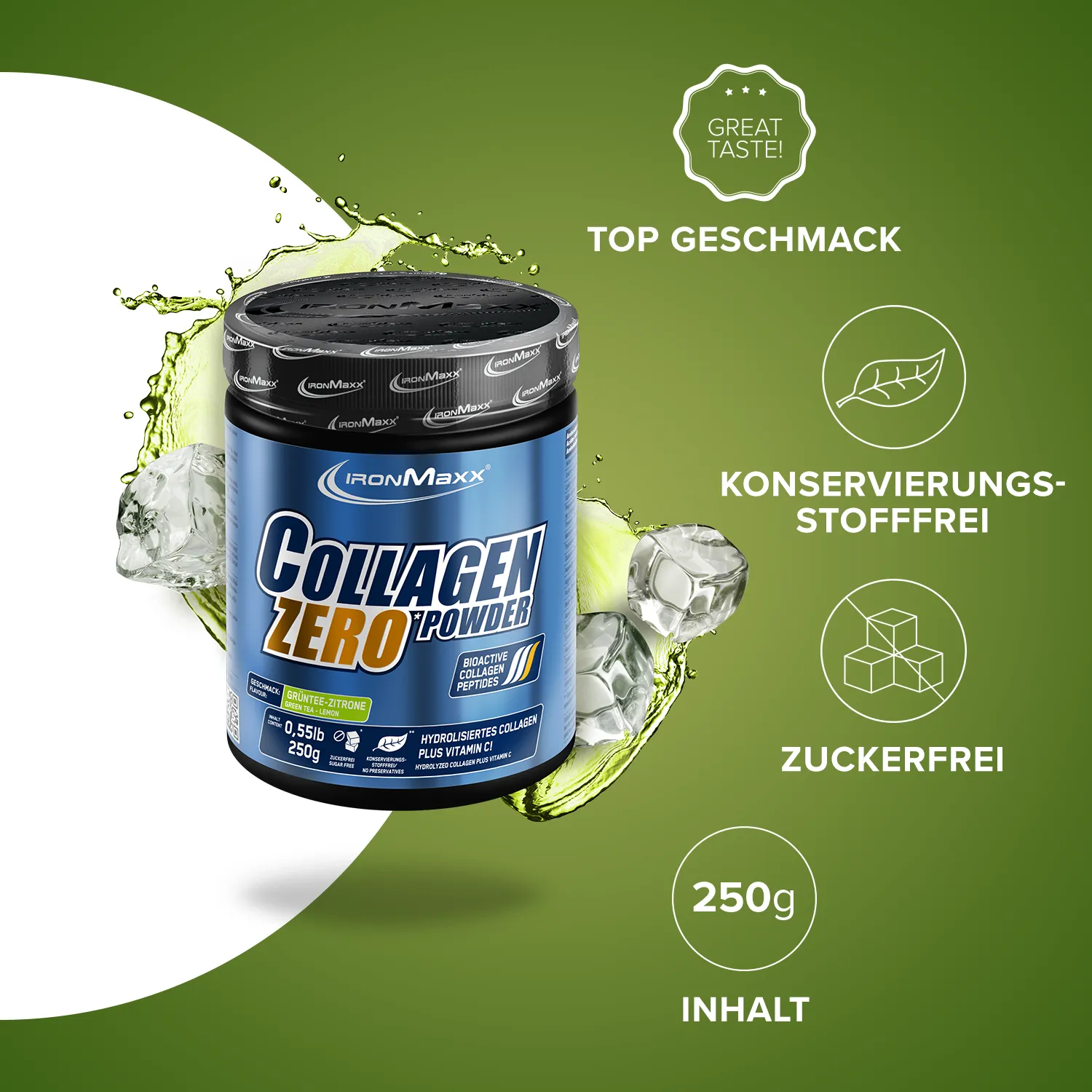 Iron Maxx Collagen Powder Zero Kollagenpulver Grüntee Zitrone 250 g zuckerfrei