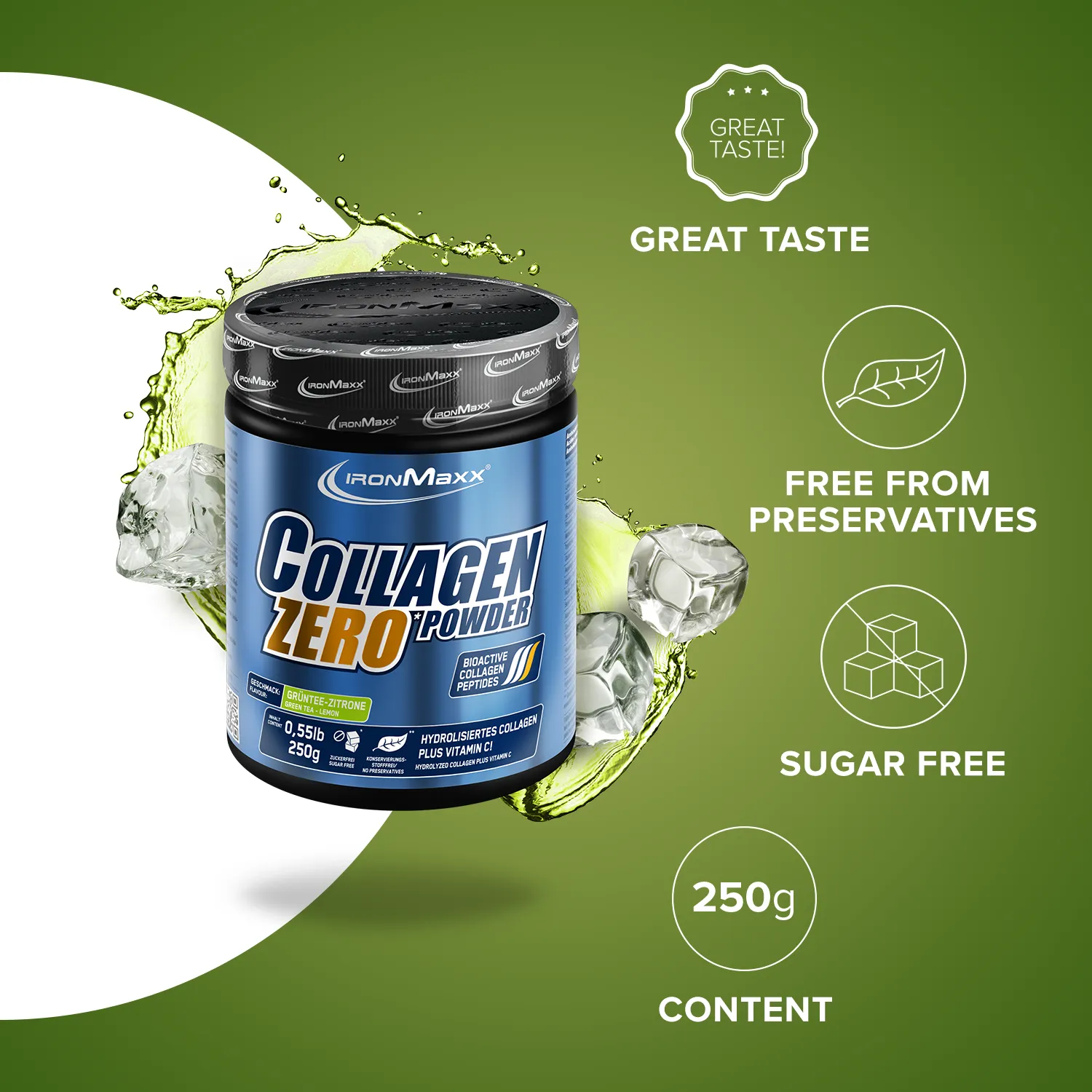 Iron Maxx Collagen Powder Zero Kollagenpulver Grüntee Zitrone 250 g zuckerfrei