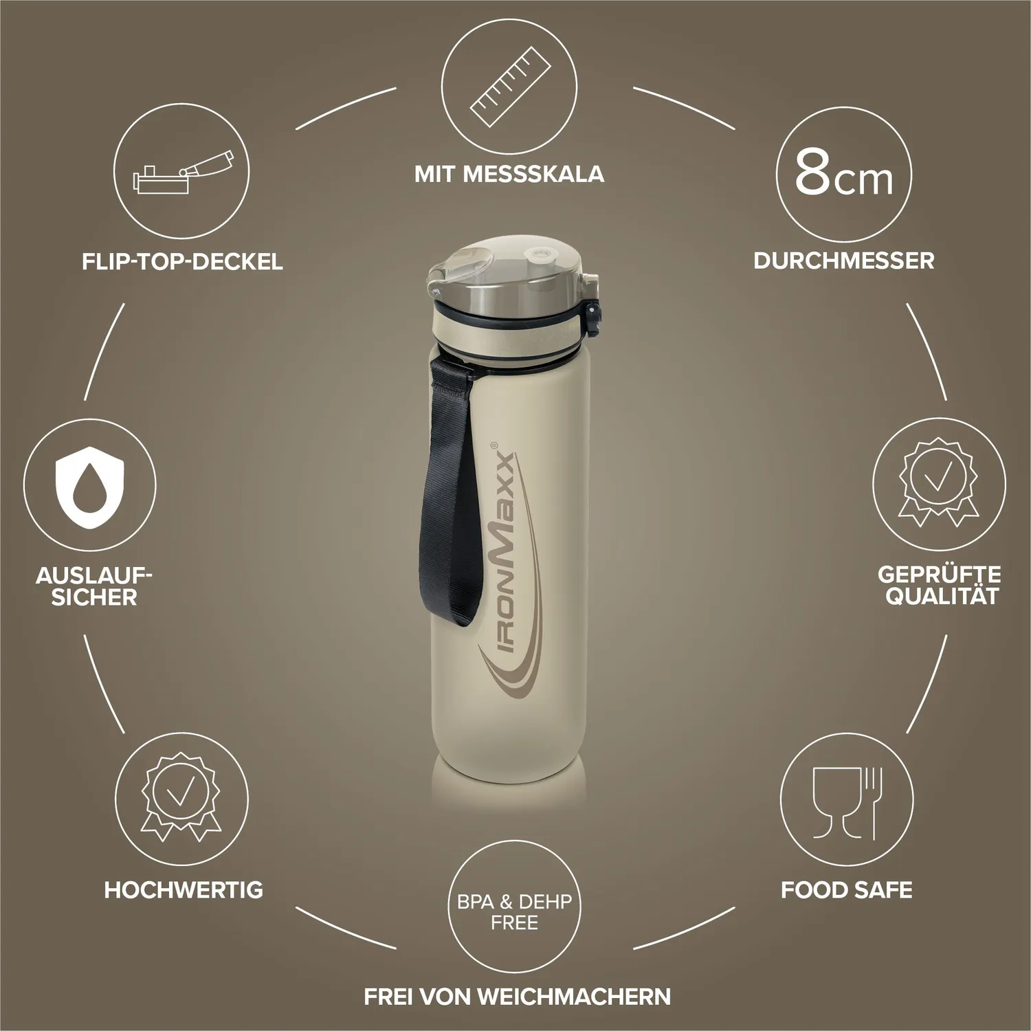 Iron Maxx Sport Water Bottle Trinkflasche 1000ml Sandstone Beige BPA-frei
