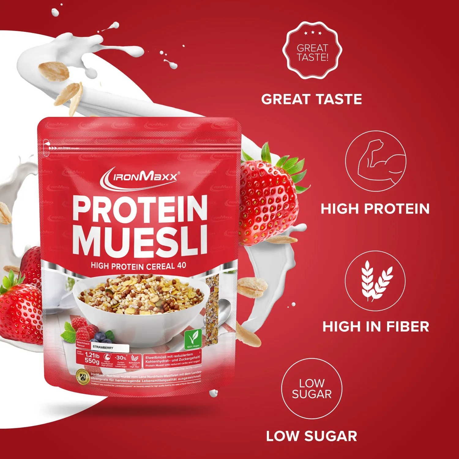 Iron Maxx Protein Müsli 550 g Erdbeere vegan proteinreich