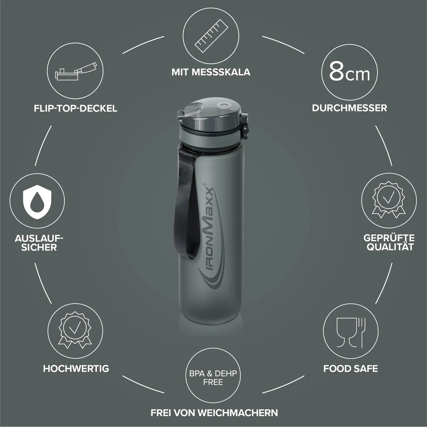 Iron Maxx Sport Water Bottle 1000ml Ash Grey BPA-frei
