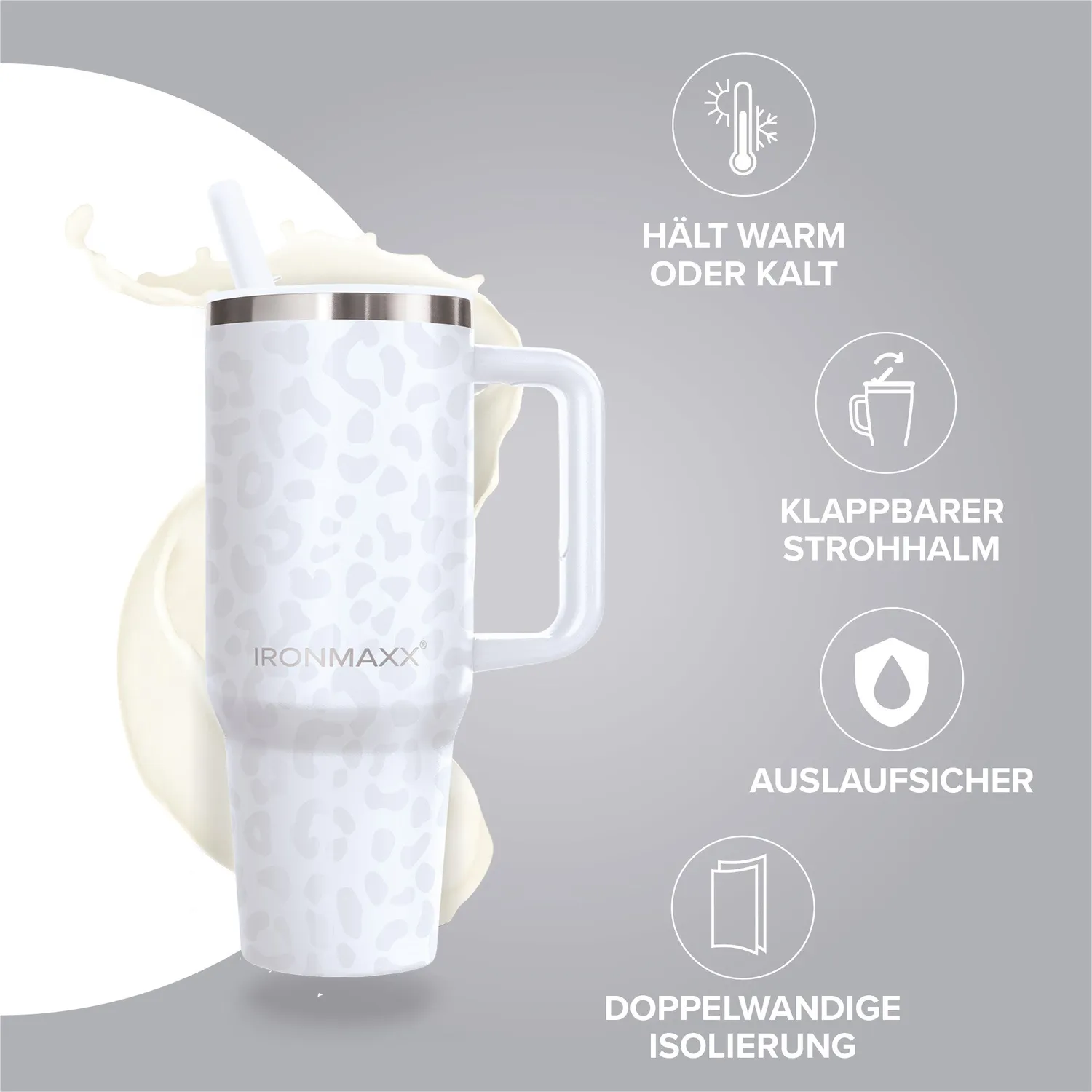 IronMaxx Cup V4.0 Trinkbecher 1200ml Leo-Style White isoliert