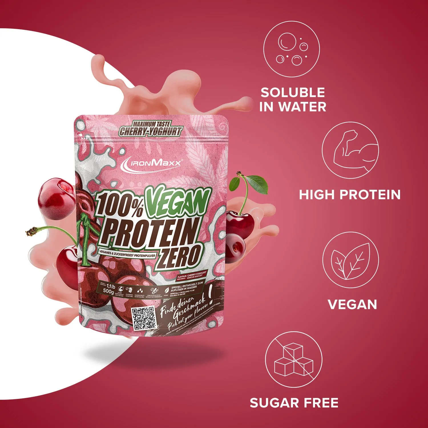 Iron Maxx 100% Vegan Protein Zero Proteinpulver Cherry Joghurt 500 g zuckerfrei