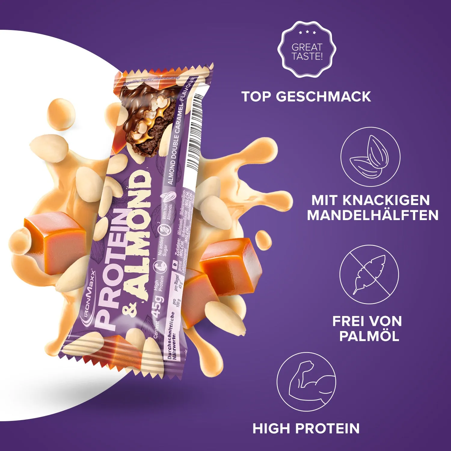 IronMaxx Protein & Almond Almond Double Caramel Proteinriegel 45 g ohne Zuckerzusatz