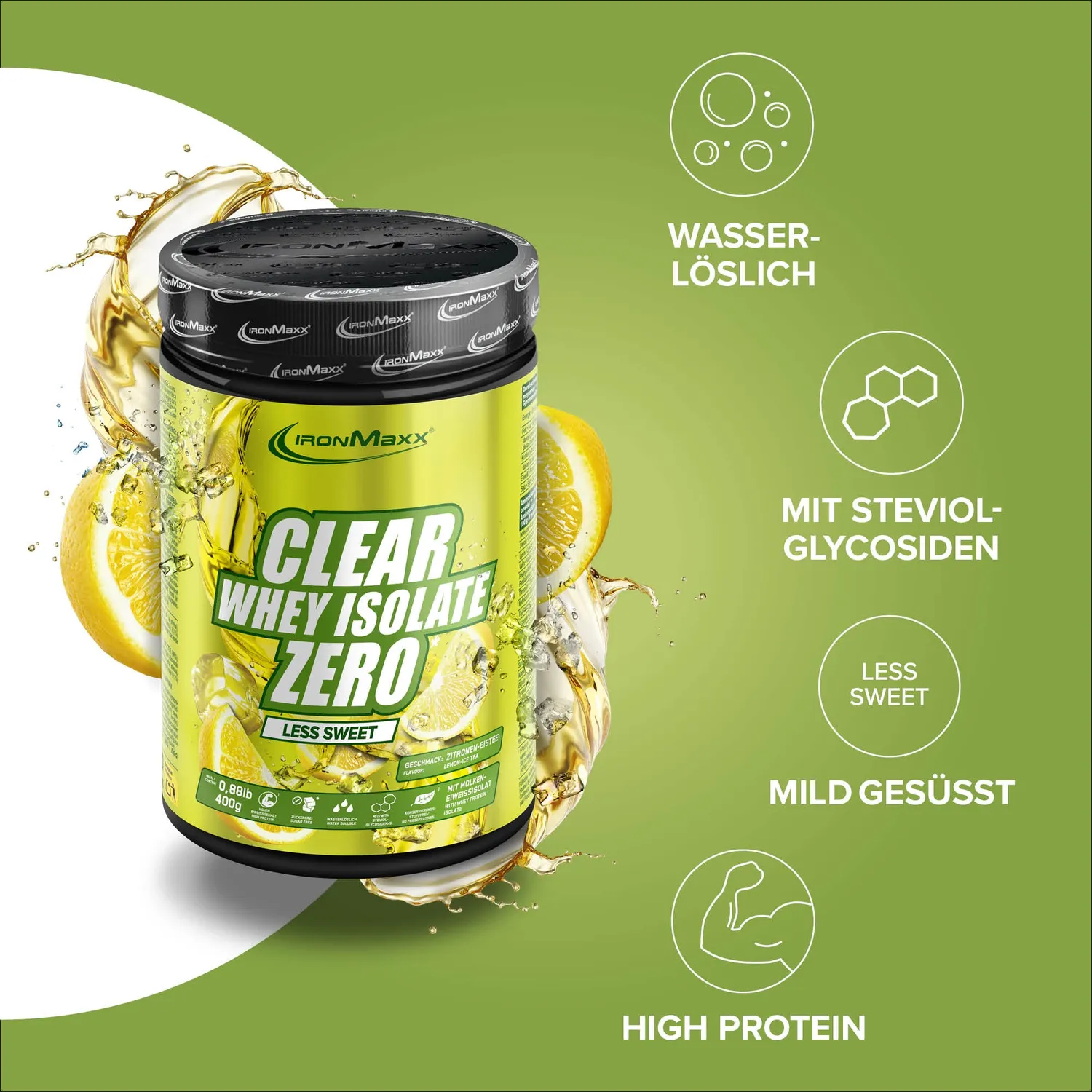 Iron Maxx Clear Whey Isolate ZERO Proteinpulver Lemon Ice Tea 400 g weniger süß