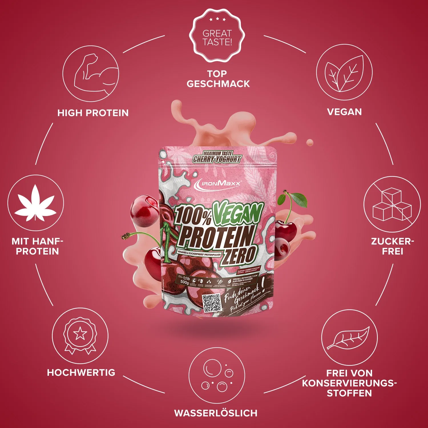 Iron Maxx 100% Vegan Protein Zero Proteinpulver Cherry Joghurt 500 g zuckerfrei