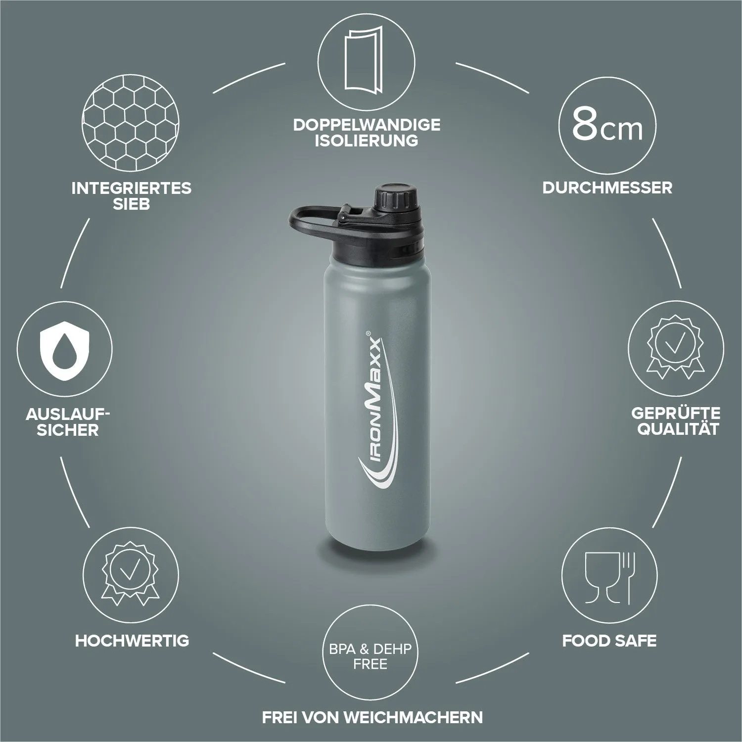 Iron Maxx Hot & Cold Bottle Thermosflasche 800ml Ash Grey
