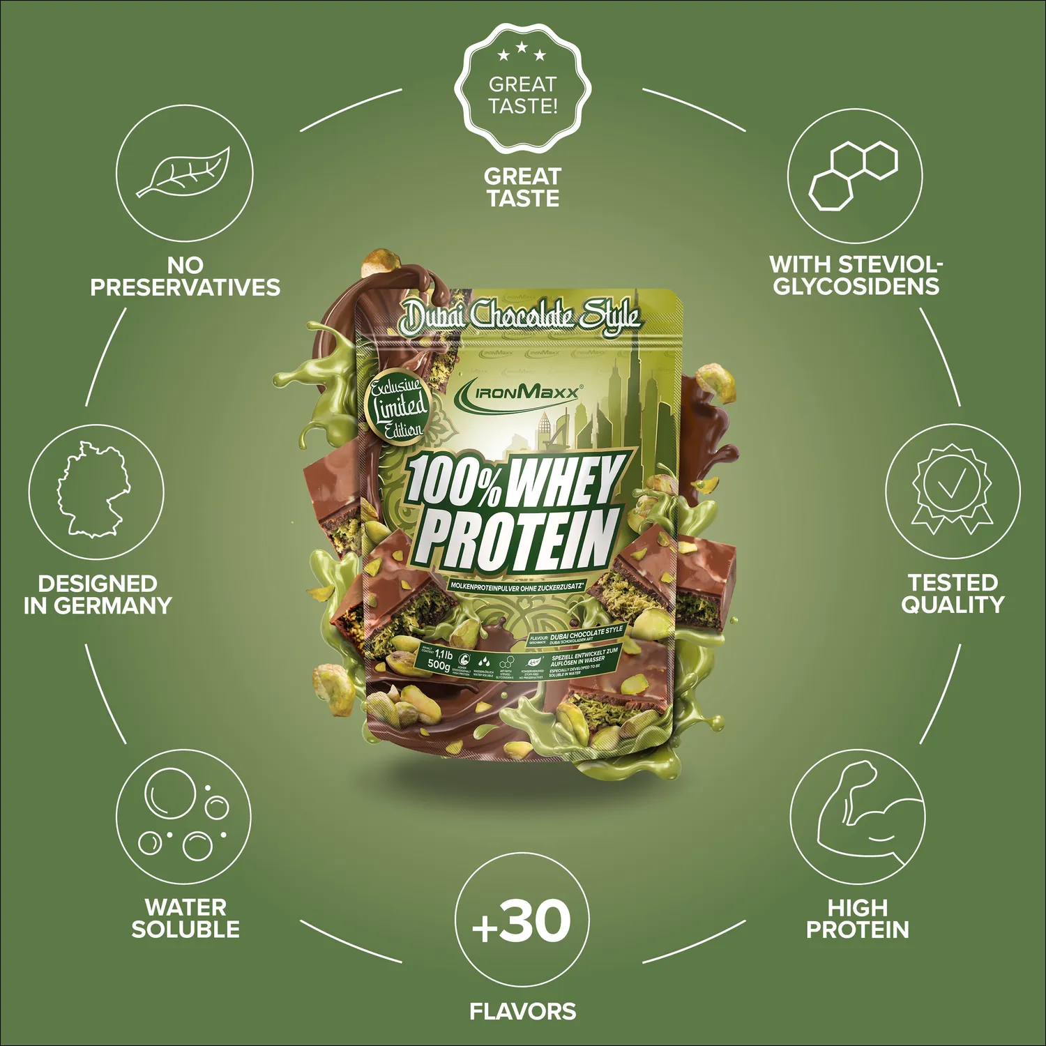 Iron Maxx 100% Whey Protein Pulver 500 g Dubai Chocolate Style