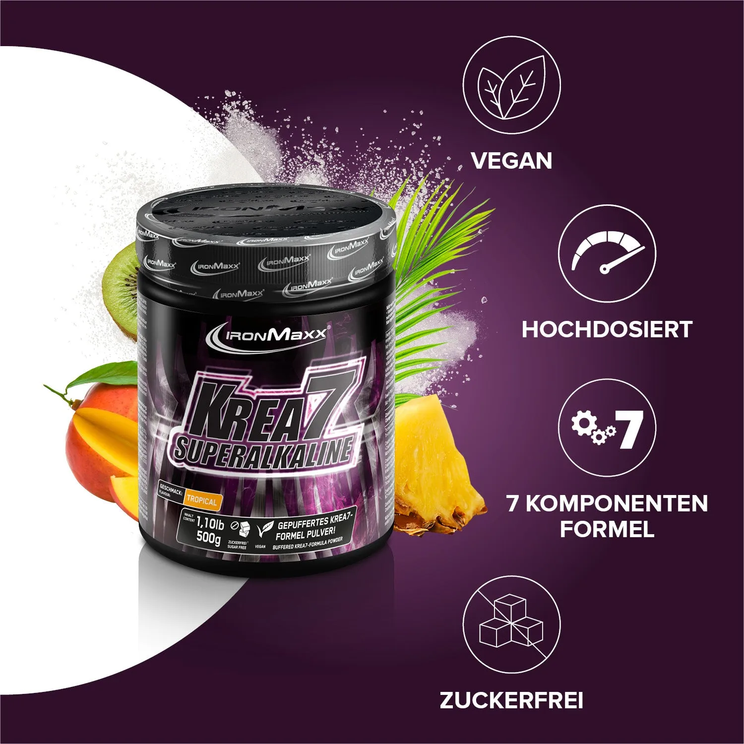 Iron Maxx Krea7 Superalkaline Powder Kreatinpulver Tropical 500 g vegan