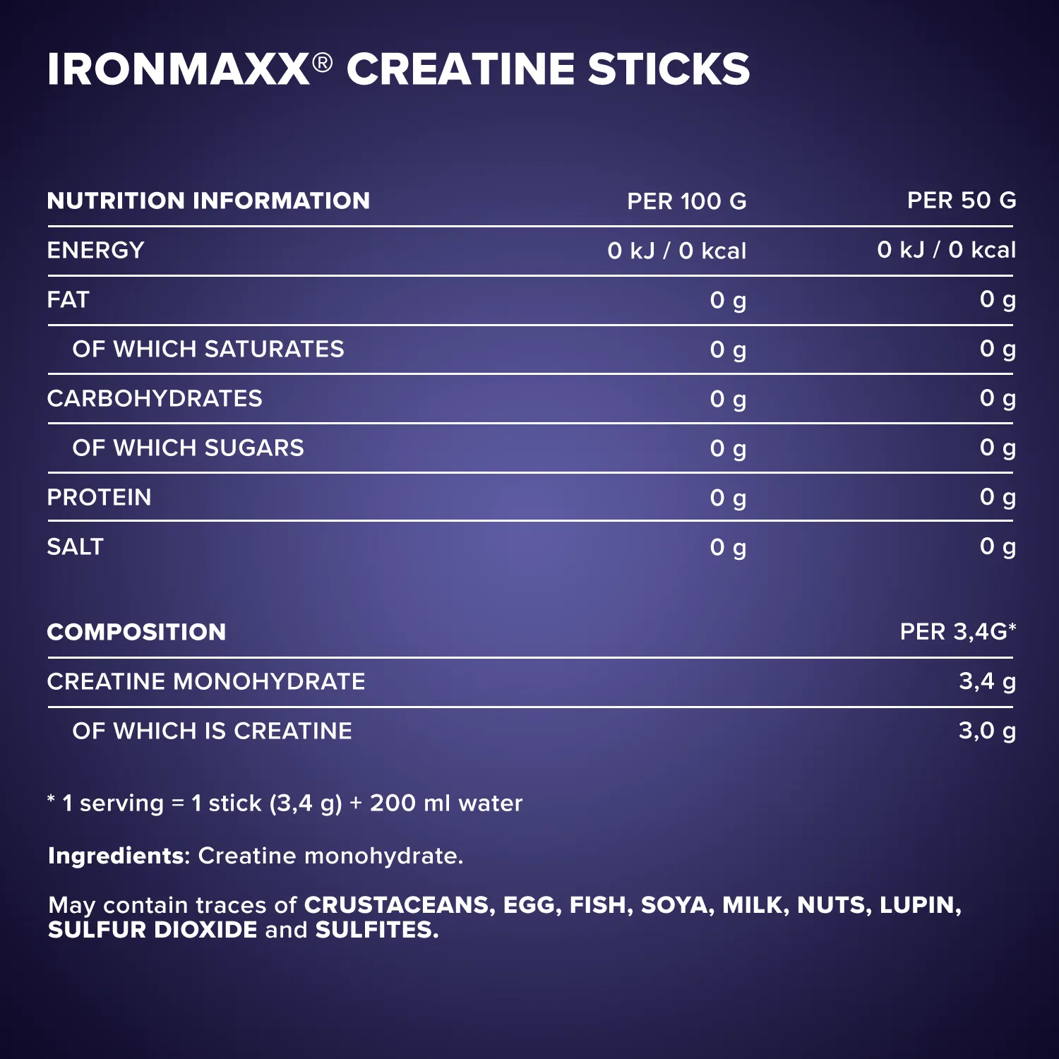 Iron Maxx Creatine Monohydrate Creatin-Sticks 30x3,4g vegan