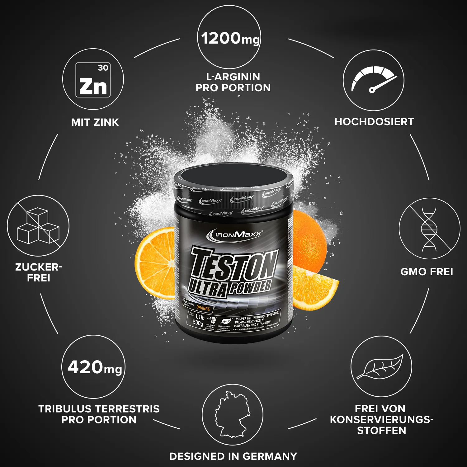 Iron Maxx Teston Ultra Powder Trainingsbooster Orange 500 g zuckerfrei