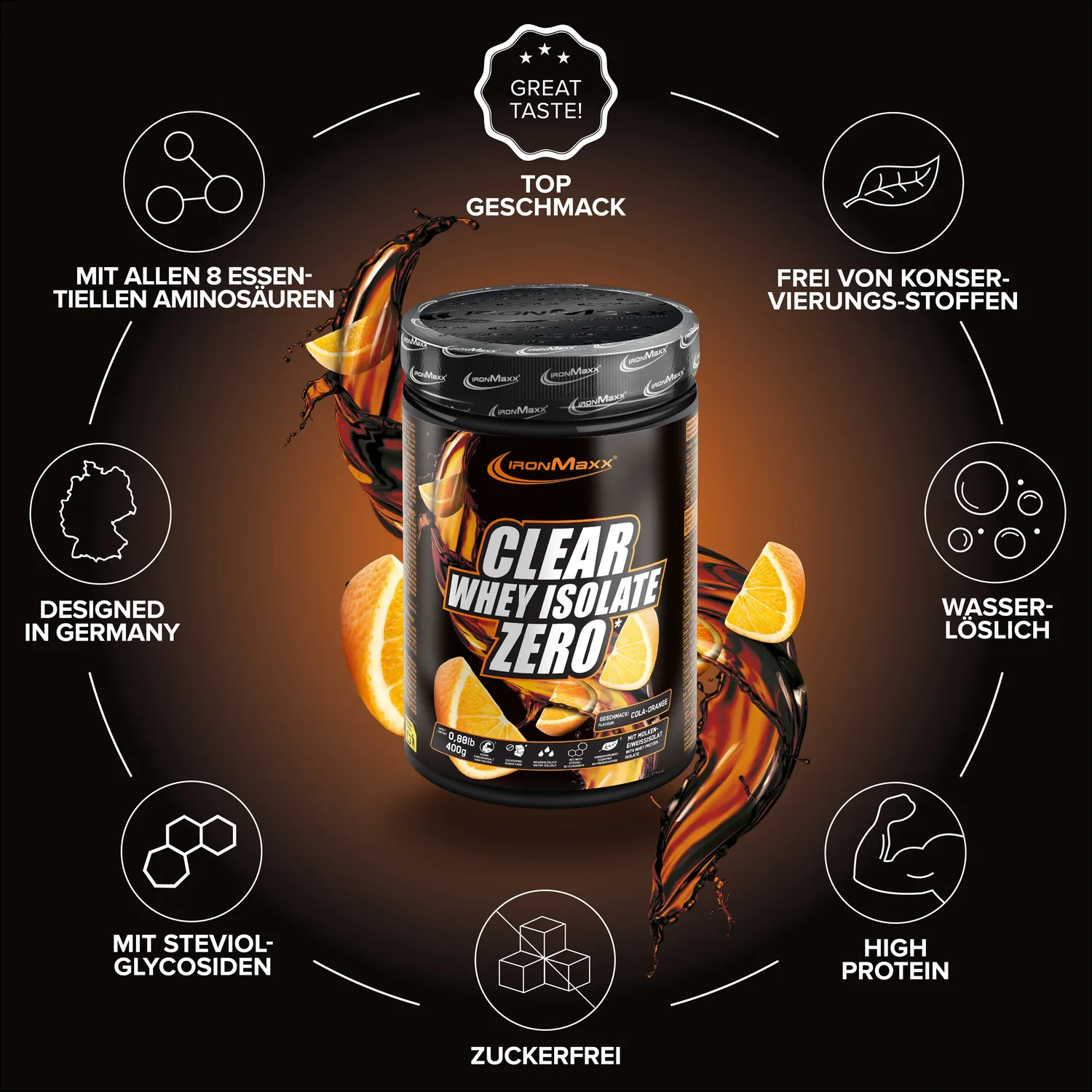 Iron Maxx Clear Whey Isolate ZERO Proteinpulver Cola Orange 400g zuckerfrei