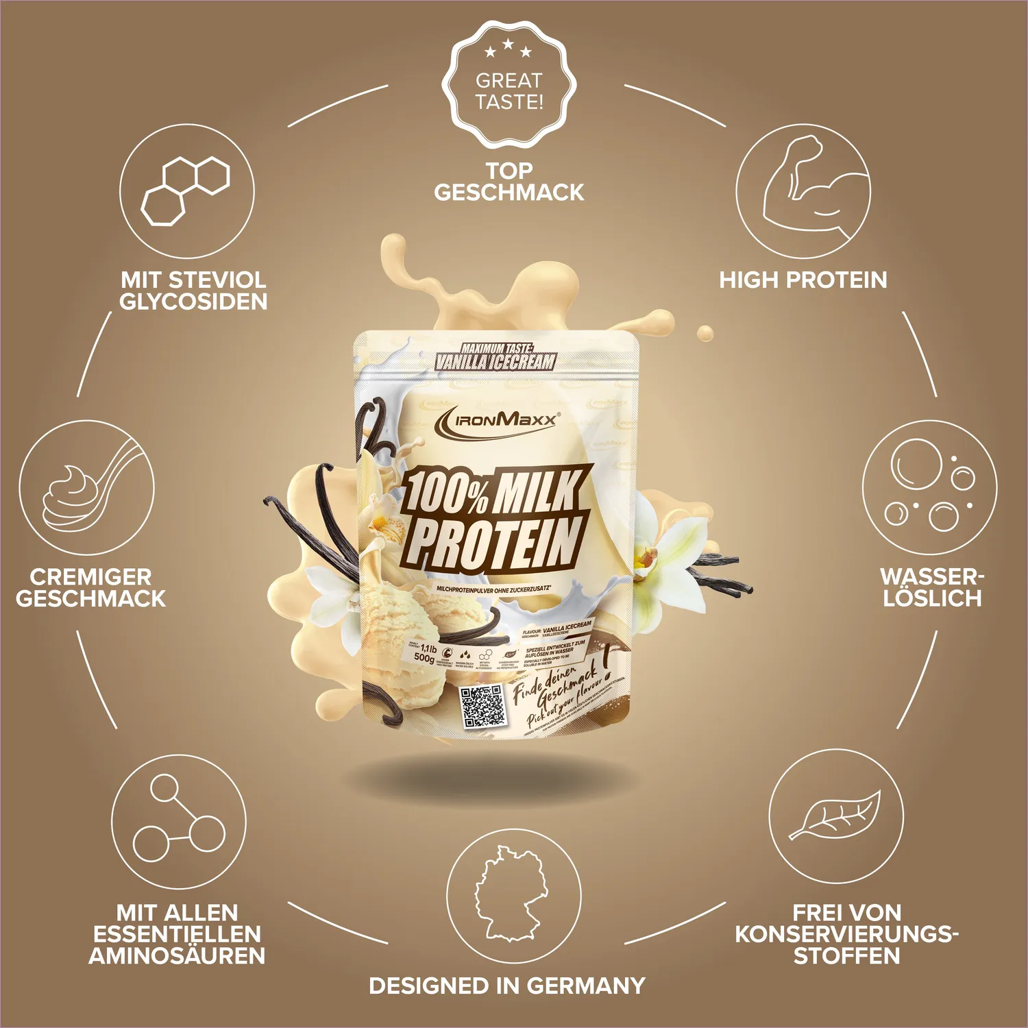 Iron Maxx 100% Milk-Protein Pulver 500g Vanilla Slow-Release