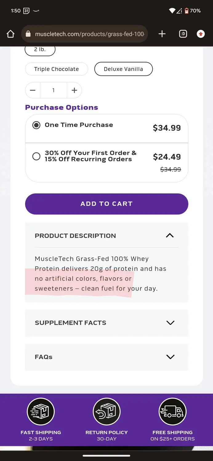 MuscleTech Grass-Fed 100% Whey Proteinpulver 20 g Eiweiß ohne Süßstoffe